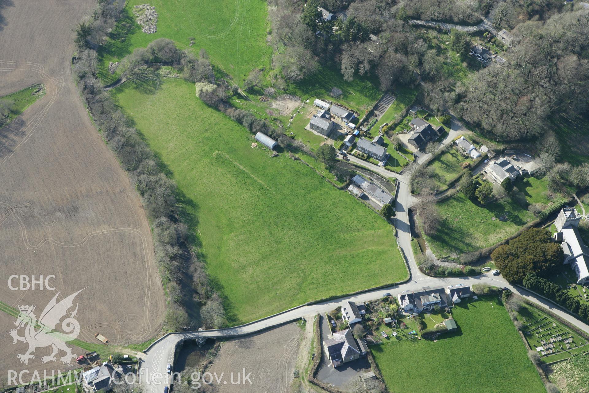 RCAHMW colour oblique aerial photograph of earthworks at Pwll-y-Botel, Nevern. Taken on 13 April 2010 by Toby Driver