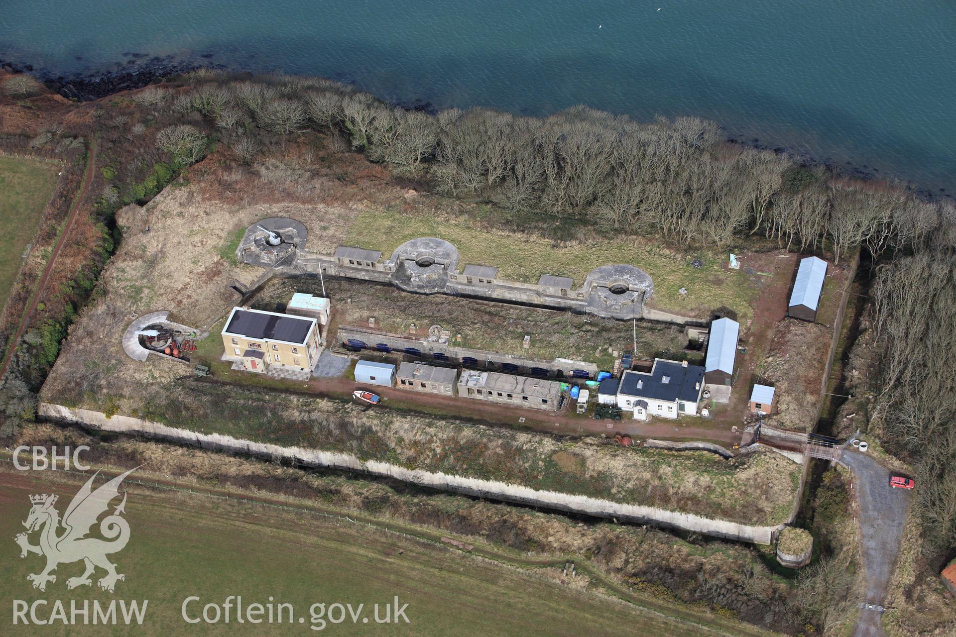 RCAHMW colour oblique aerial photograph of Chapel Bay Fort. Taken on 02 March 2010 by Toby Driver