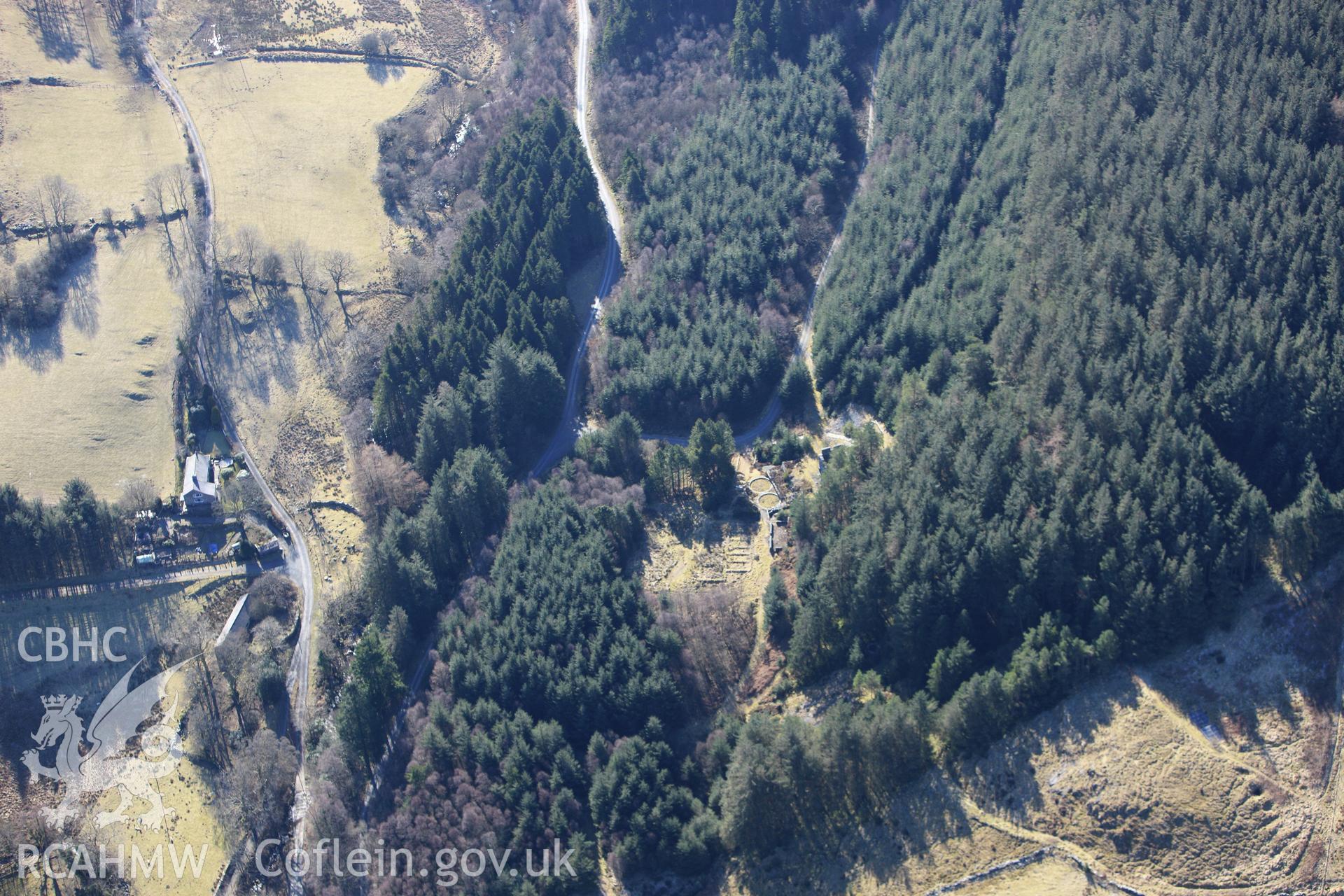 RCAHMW colour oblique photograph of Ystrad Einion lead, silver, zinc and copper mine. Taken by Toby Driver on 08/03/2010.