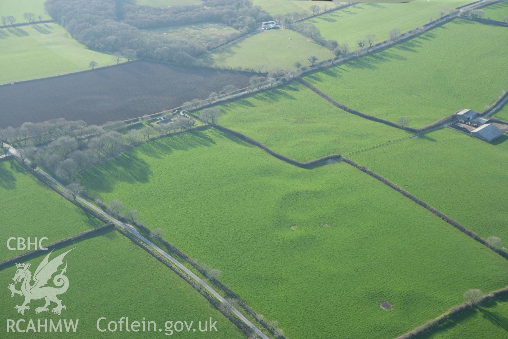 RCAHMW colour oblique aerial photograph of earthworks of Long Wood Quarries. Taken on 13 April 2010 by Toby Driver