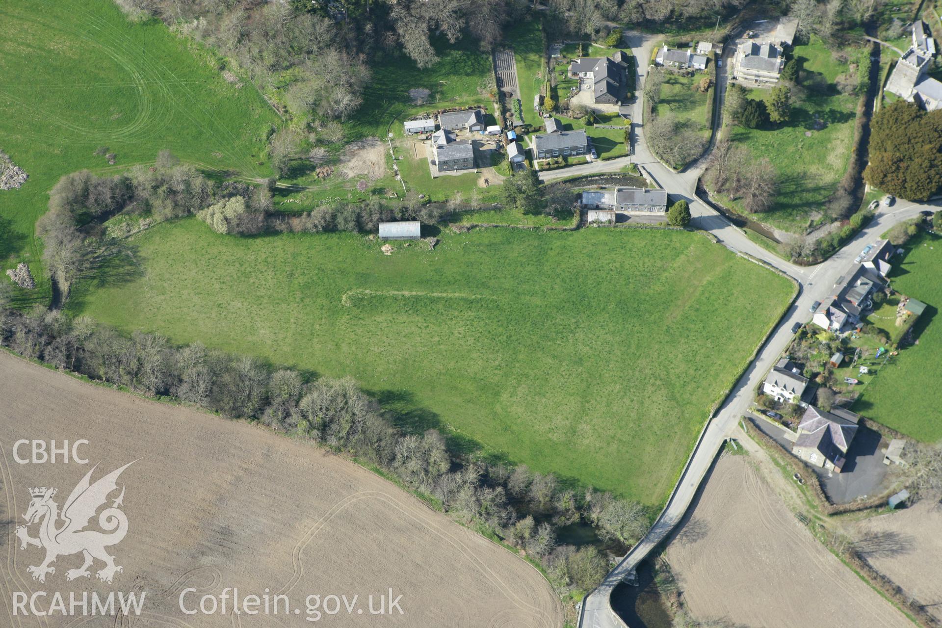RCAHMW colour oblique aerial photograph of earthworks at Pwll-y-Botel, Nevern. Taken on 13 April 2010 by Toby Driver