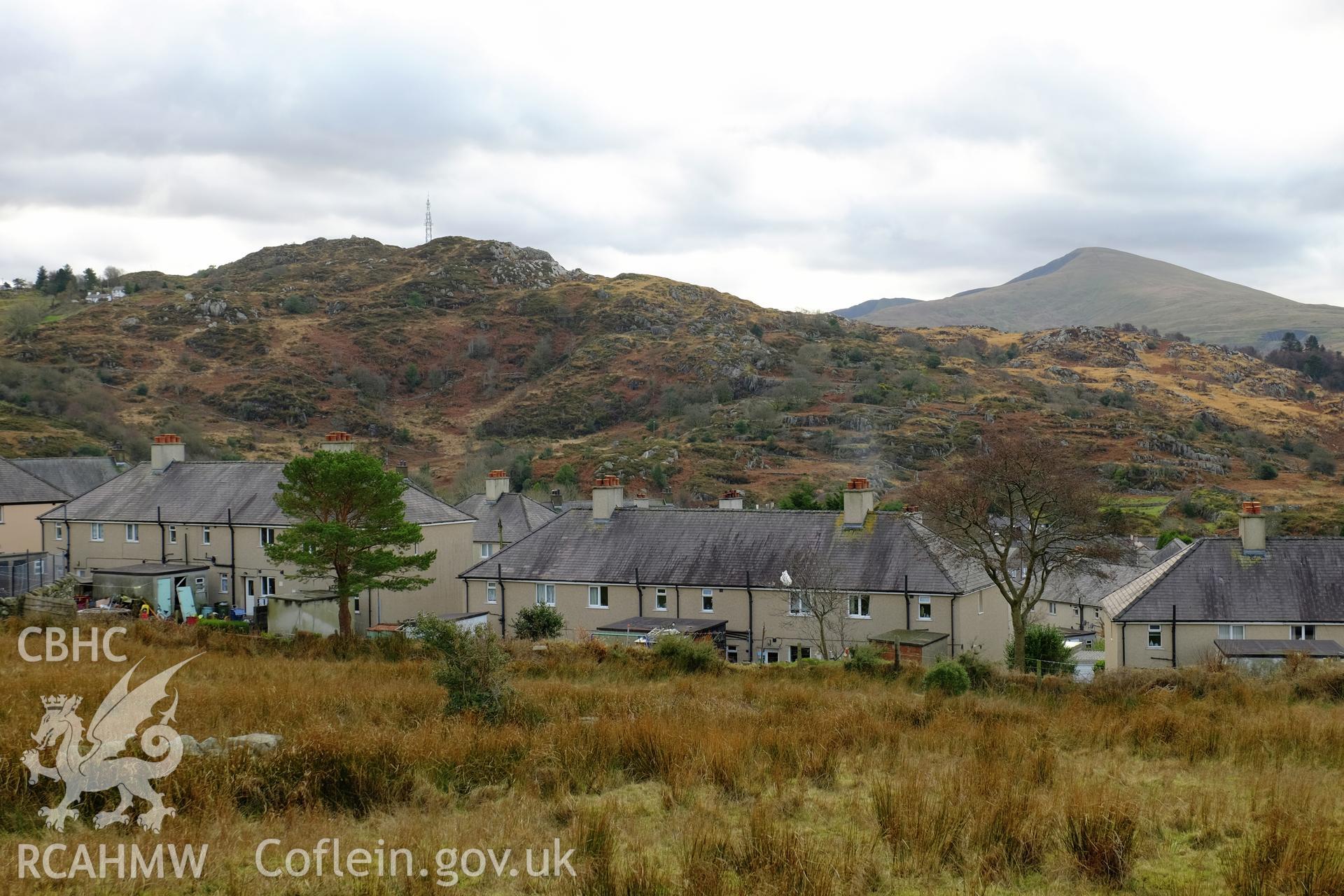 Colour photograph showing view looking south at Pentre Helen with landscape setting, Deiniolen, produced by Richard Hayman 2nd February 2017