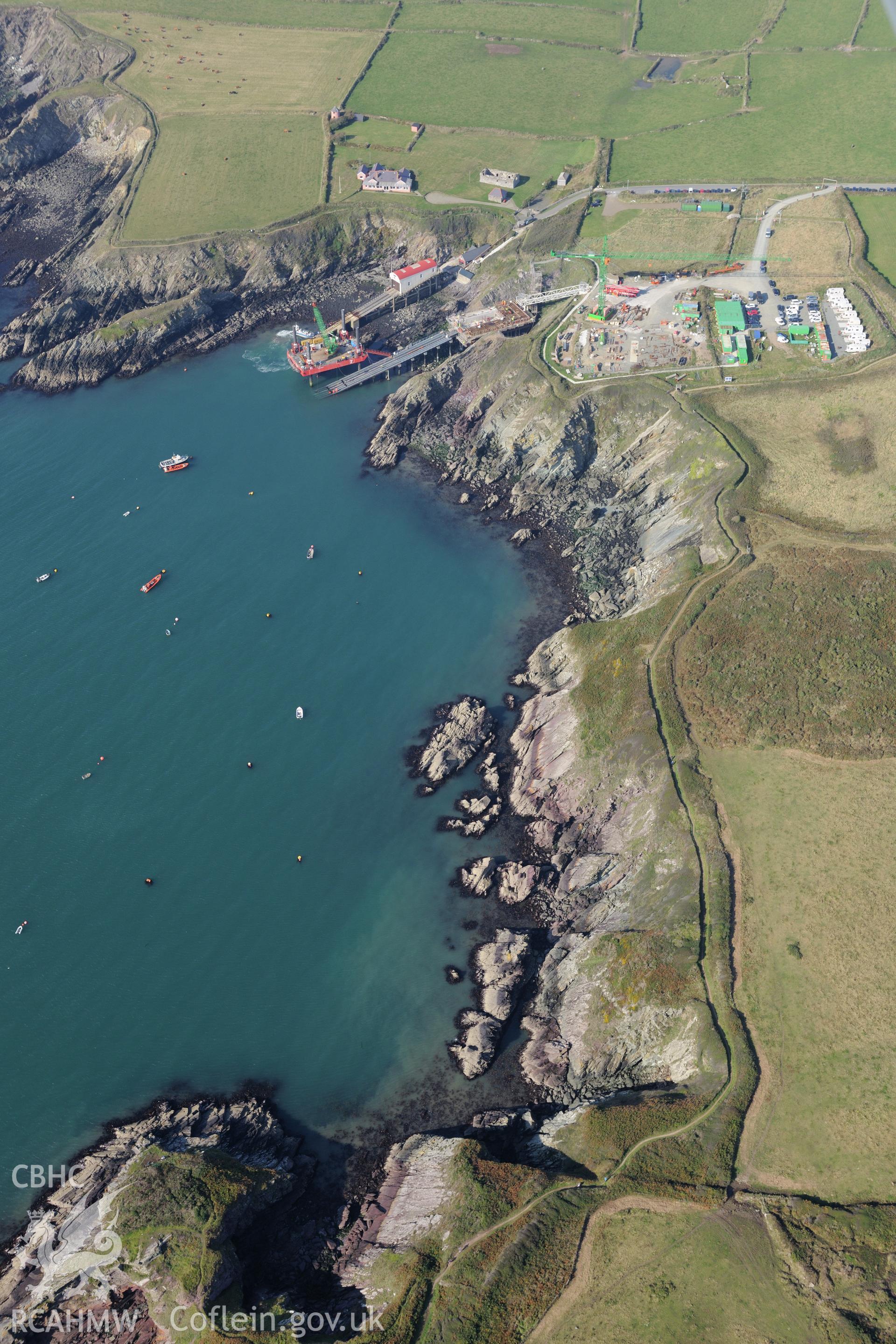 St. Justinian's lifeboat station and St. David's new lifeboat station, Porthstinian, west of St. Davids. Oblique aerial photograph taken during the Royal Commission?s programme of archaeological aerial reconnaissance by Toby Driver on 30th September 2015.