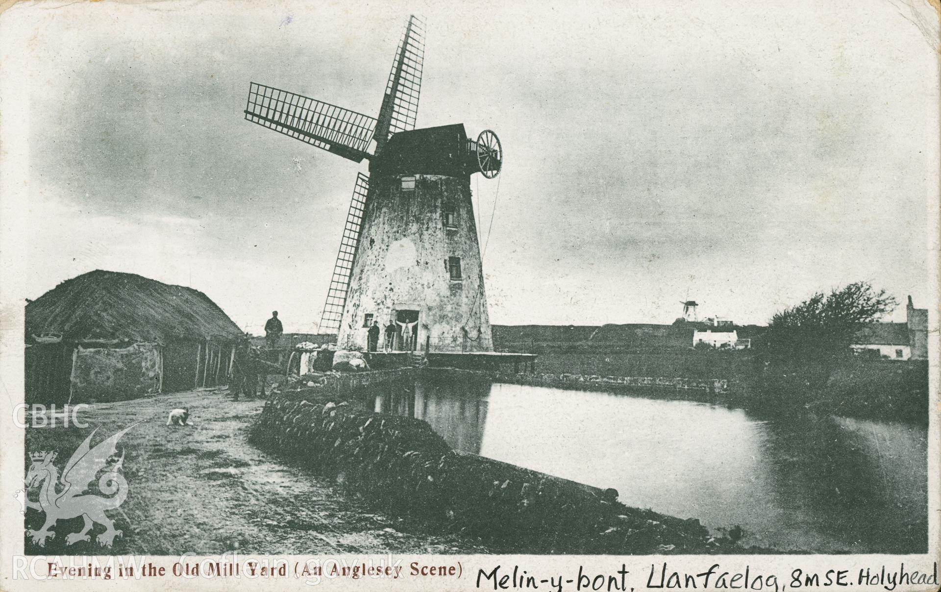 Digital copy of a postcard from the Dave Davies Collection showing a view of Melin y Bont Windmill and Watermill postmark reads 2 Aug 1913.