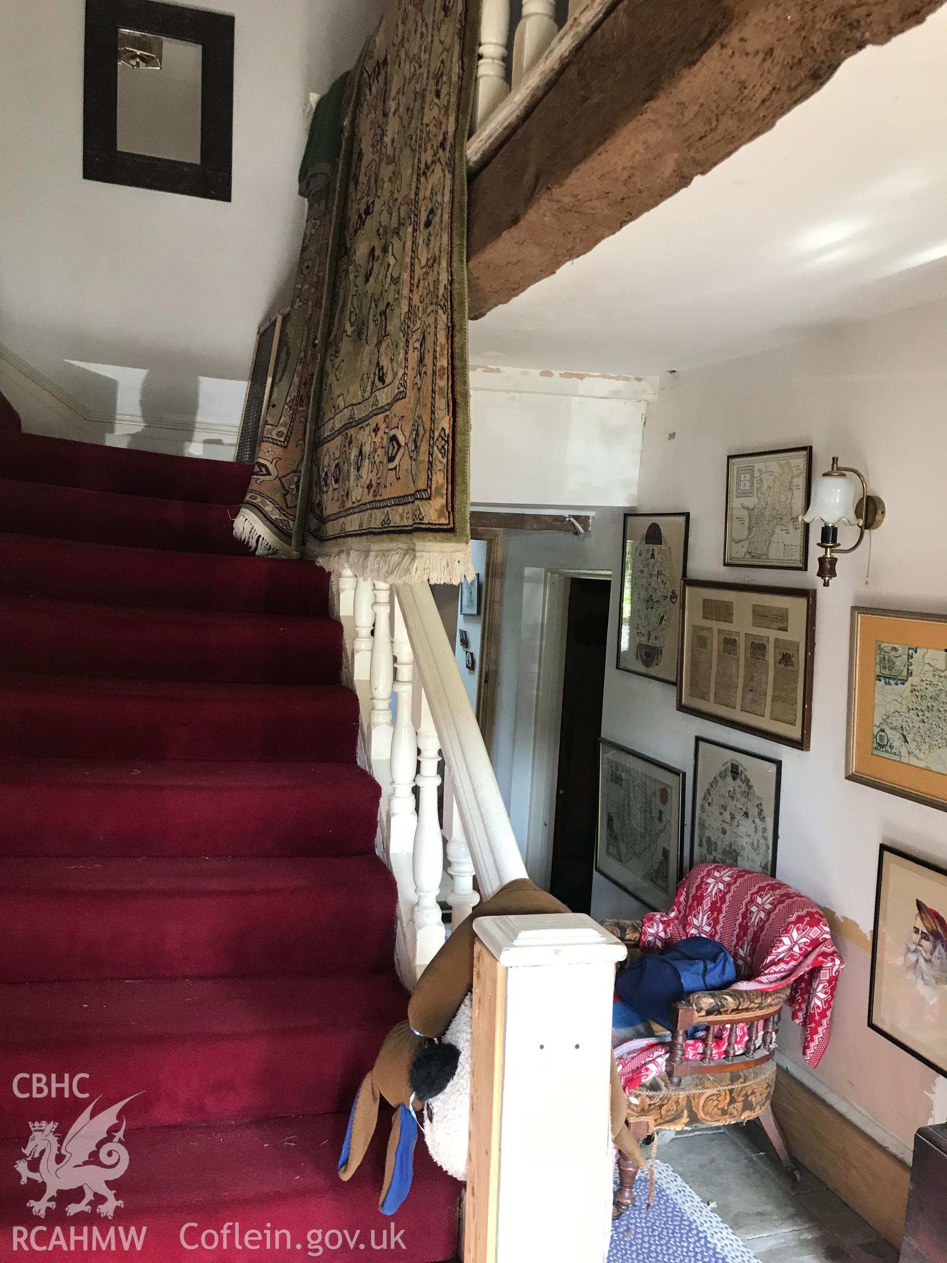 Digital colour photograph showing interior view of staircase at Ty-Isaf, north of Bedwas, taken by Paul R. Davis on 15th July 2019.