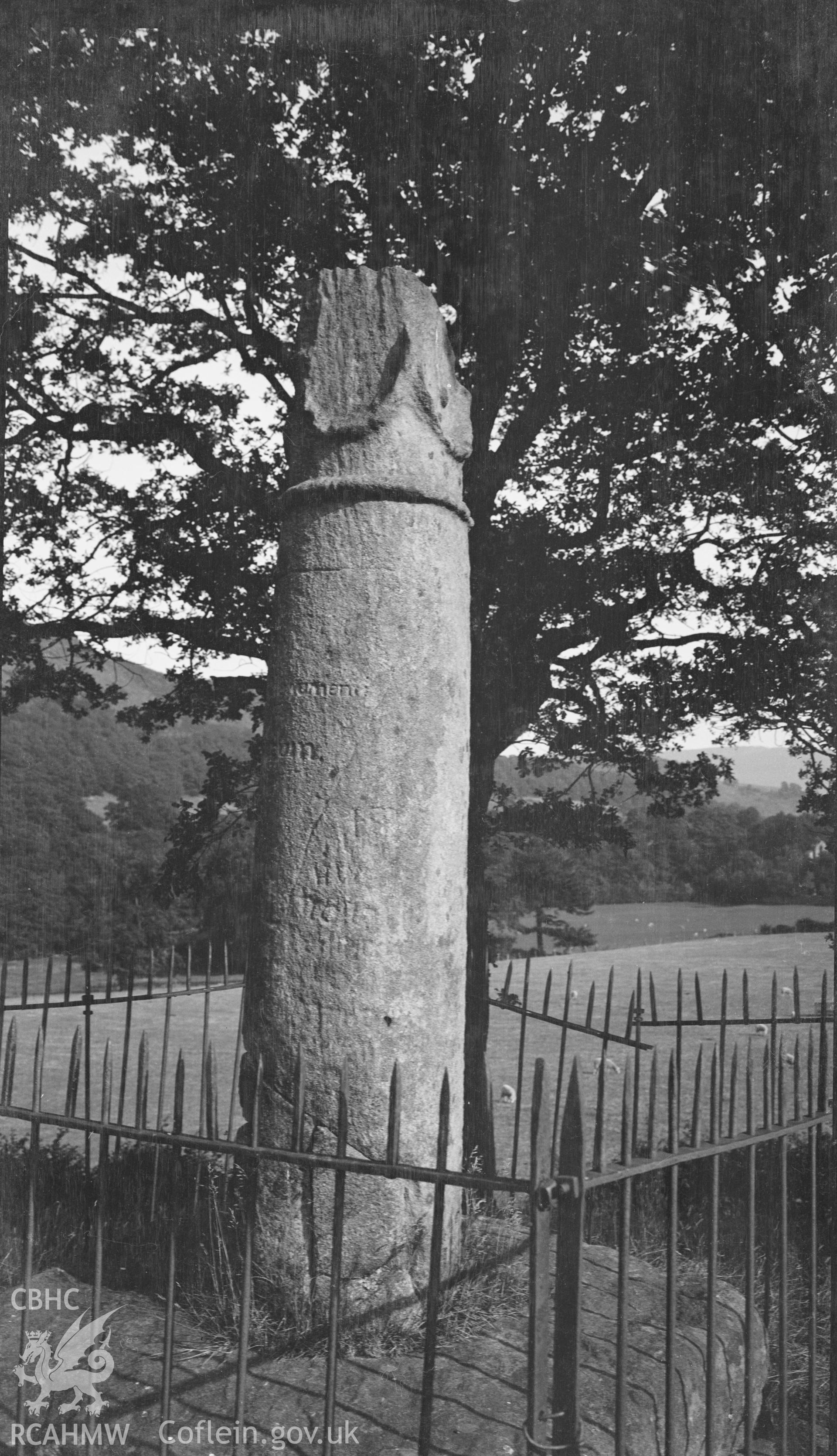 Digitised copy of a nitrate negative showing general view of Eliseg's Pillar, taken by Leonard Monroe, undated.