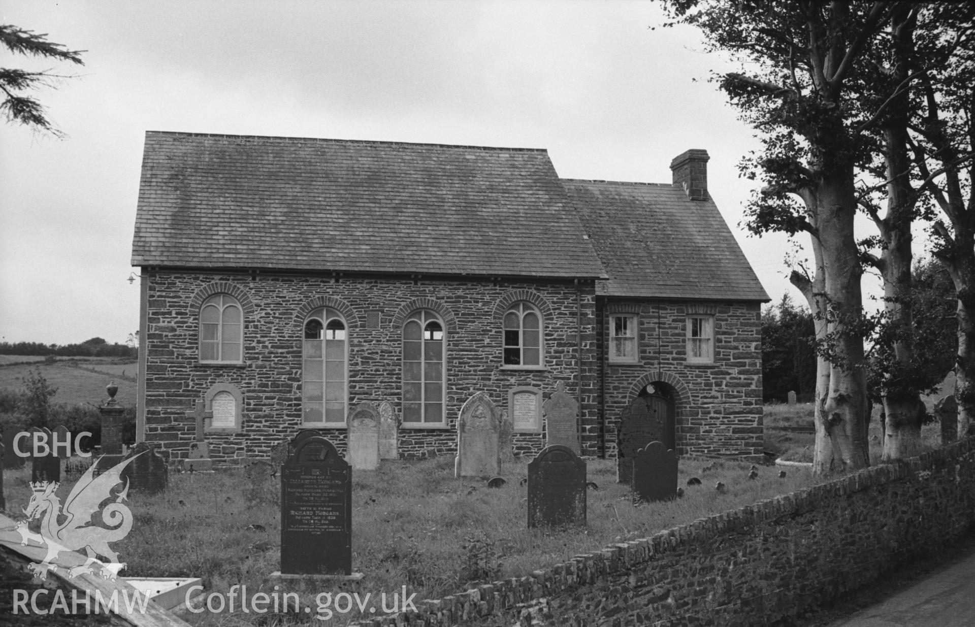 Digital copy of a black and white negative showing exterior view of Pen-Uwch Welsh Calvinistic Methodist chapel, west of Tregaron. Photographed by Arthur O. Chater in September 1964 from Grid Reference SN 5983 6225, looking west.