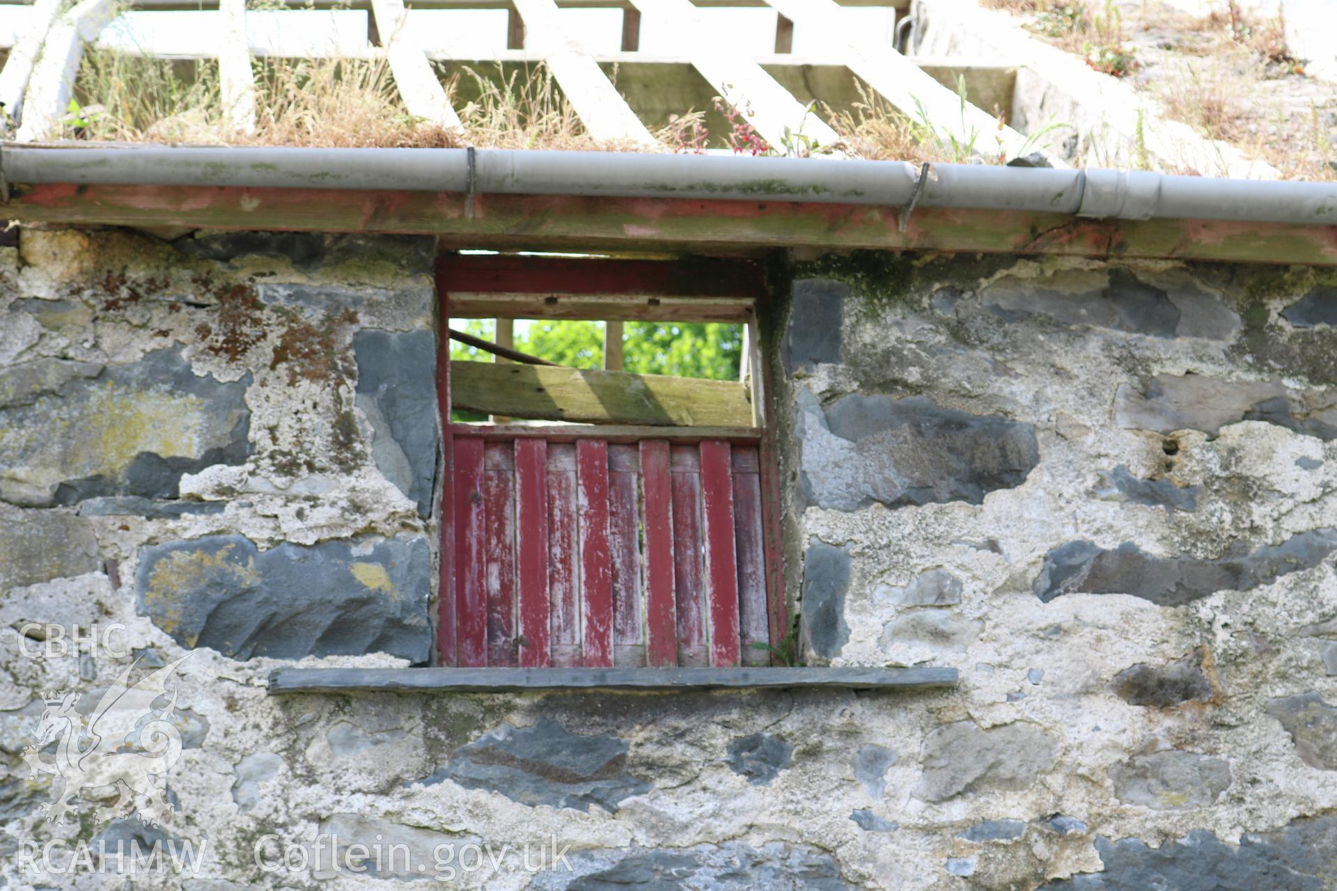 Photograph showing exterior view of 'granary' window, at Maes yr Hendre, taken by Dr Marian Gwyn, 6th July 2016. (Original Reference no. 0201)