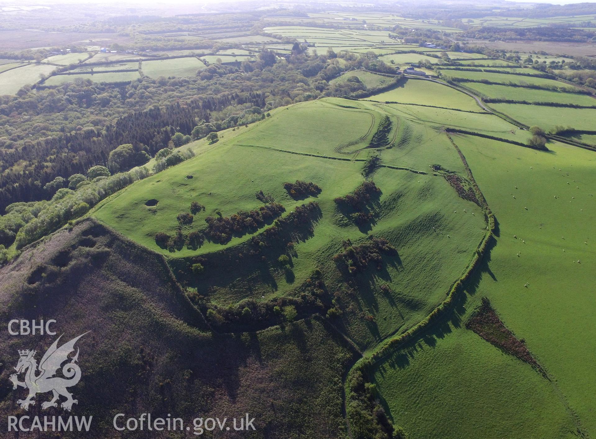 Colour photo showing aerial view of Cil Ifor top promontory fort, taken by Paul R. Davis, 13th May 2018.
