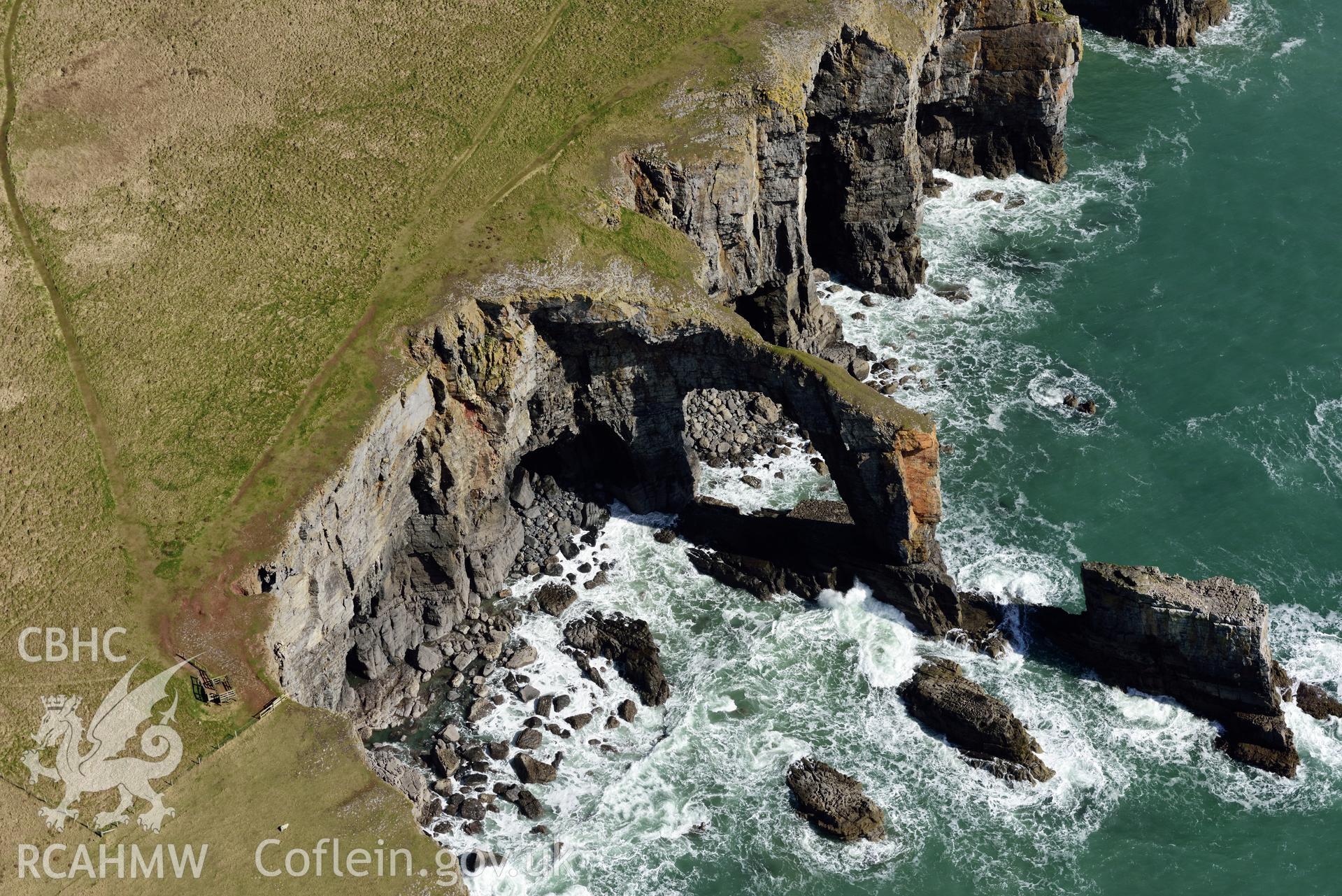 The Green Bridge of Wales, following the October 2017 partial collapse. Baseline aerial reconnaissance survey for the CHERISH Project. ? Crown: CHERISH PROJECT 2018. Produced with EU funds through the Ireland Wales Co-operation Programme 2014-2020. All material made freely available through the Open Government Licence.