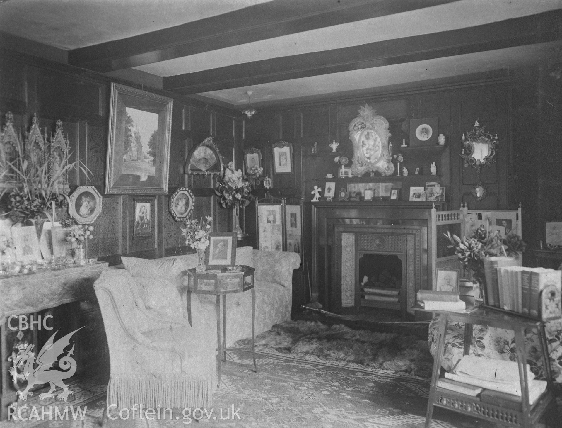 Digital copy of a black and white photograph showing interior view of an unidentified house possibly Plas Derwen, circa 1902.