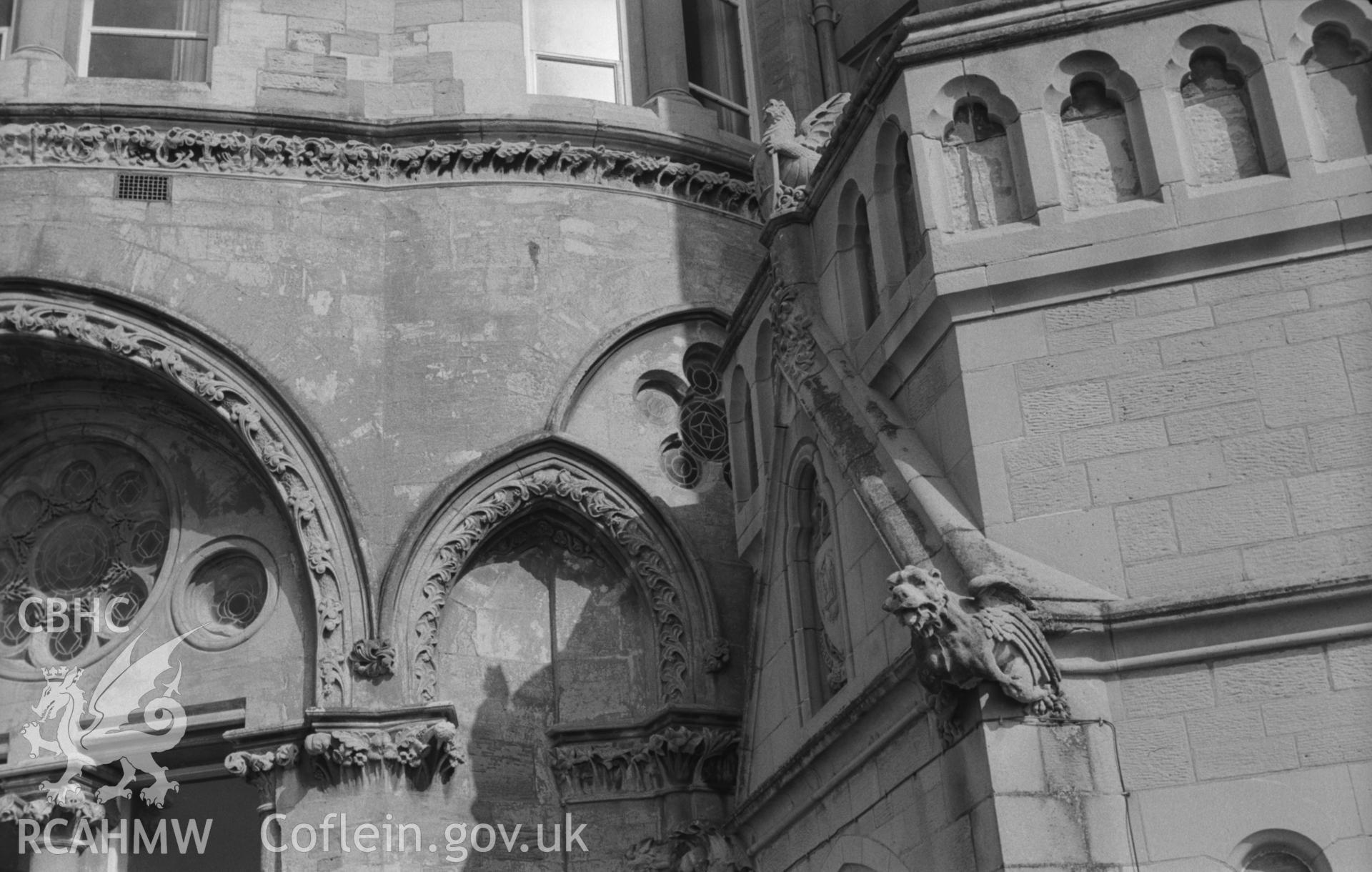 Digital copy of a black and white negative showing detail of the north west facing side of the Old College, on Aberystwyth promenade. Photographed by Arthur O. Chater on 15th August 1967 from Grid Reference SN 581 817.