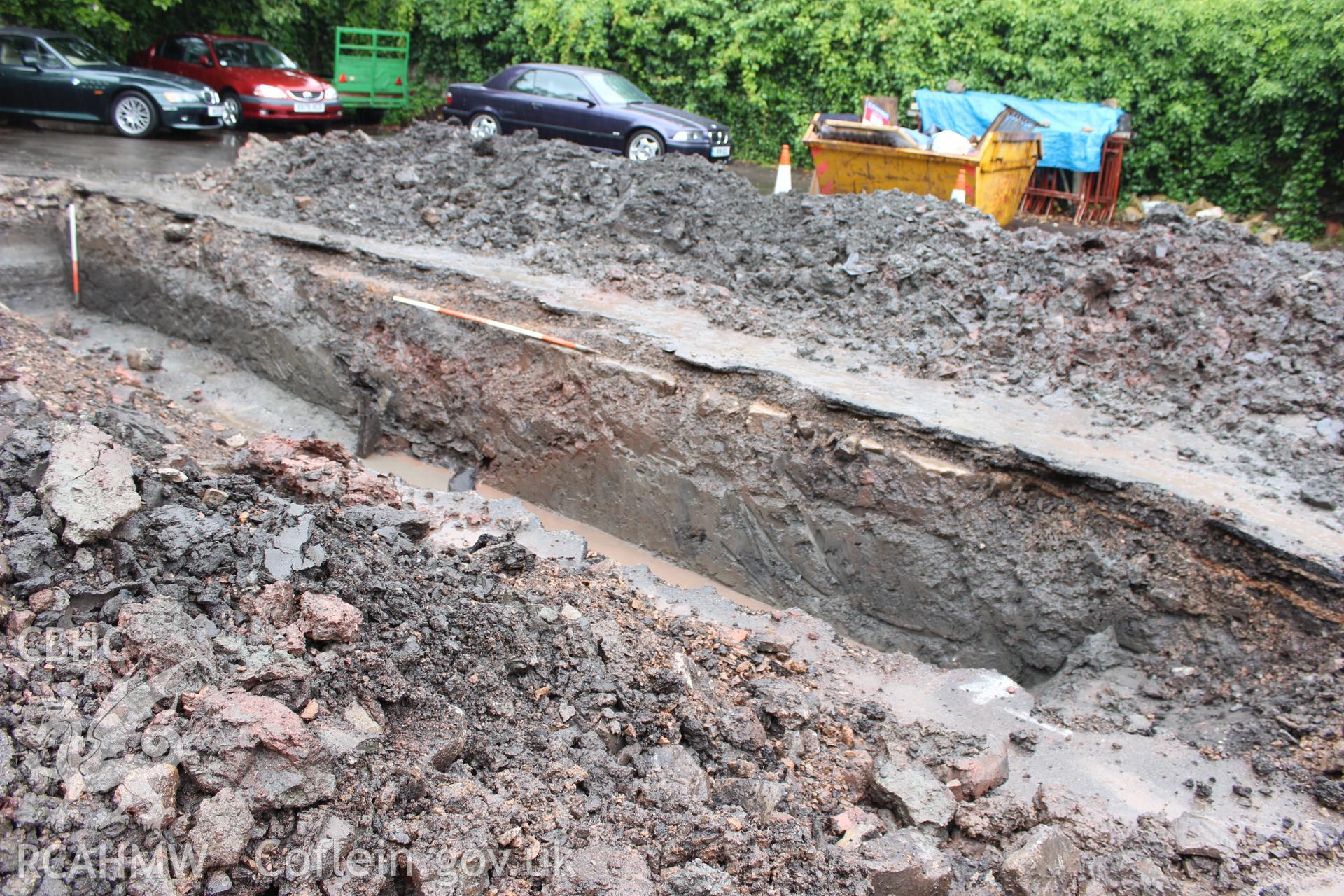 Shot of trench section. Photographed as part of an Archaeological Evaluation of The Bridge Inn, Chepstow, carried out by Archaeology Wales, 2015.