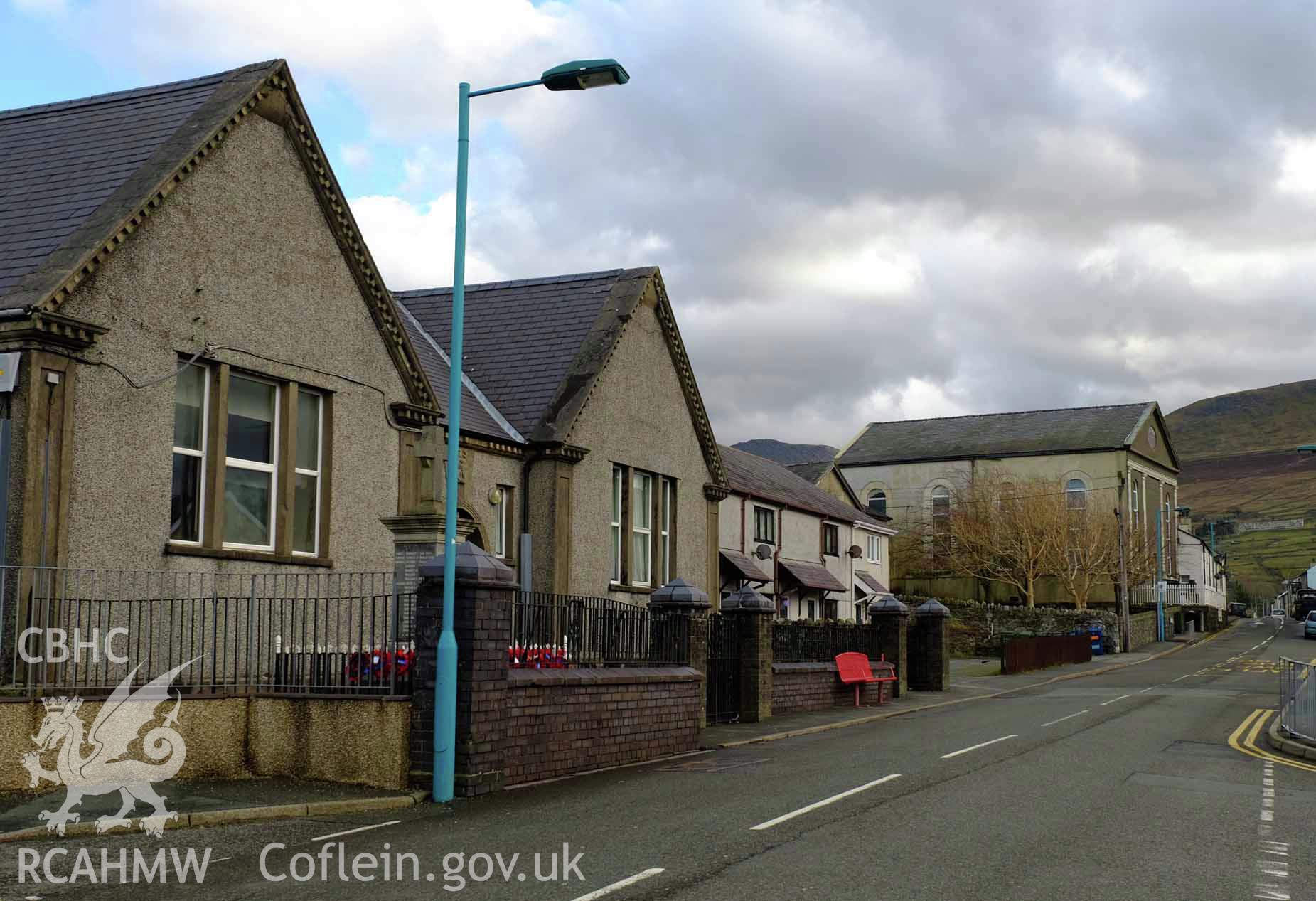 Colour photograph showing view looking east up Stryd Fawr at Carnegie Library, Deiniolen, produced by Richard Hayman 2nd February 2017