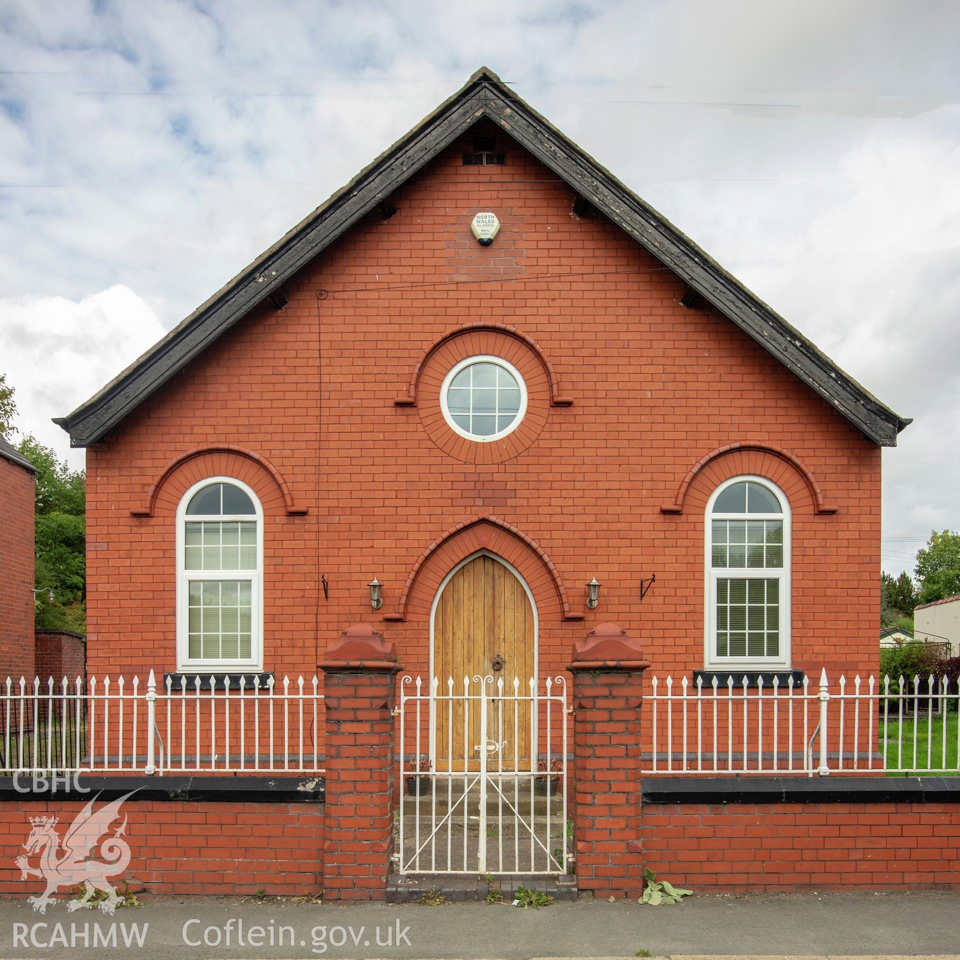 Colour photograph showing front elevation and entrance of Salem Welsh Wesleyan Methodist Chapel, which later became Mair Wen Catholic Church, on Bethania Road, Acrefair. Photographed by Richard Barrett on 15th September 2018.