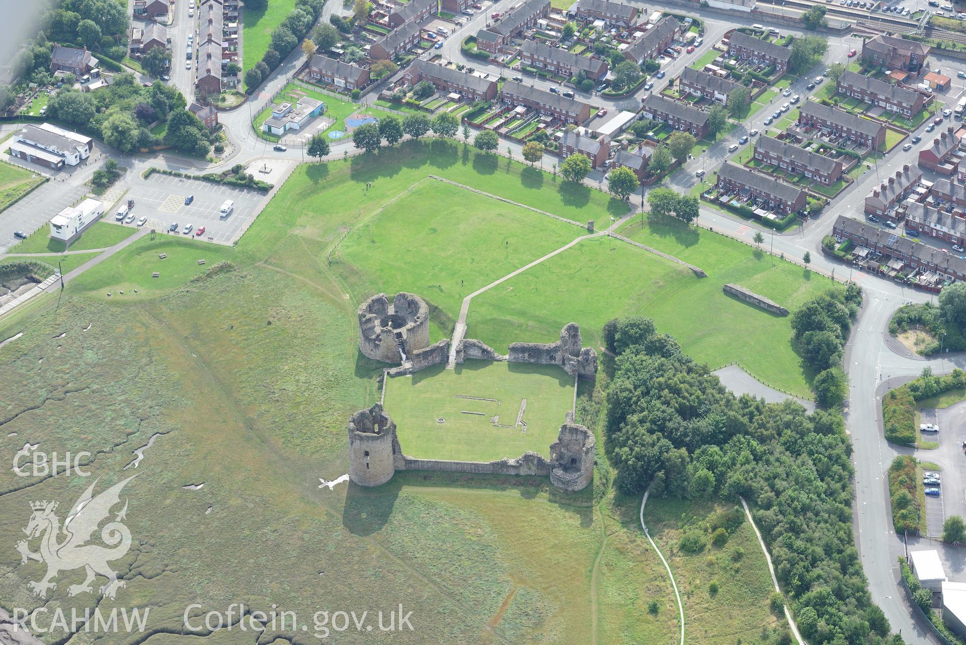 Flint Castle. Oblique aerial photograph taken during the Royal Commission's programme of archaeological aerial reconnaissance by Toby Driver on 11th September 2015.