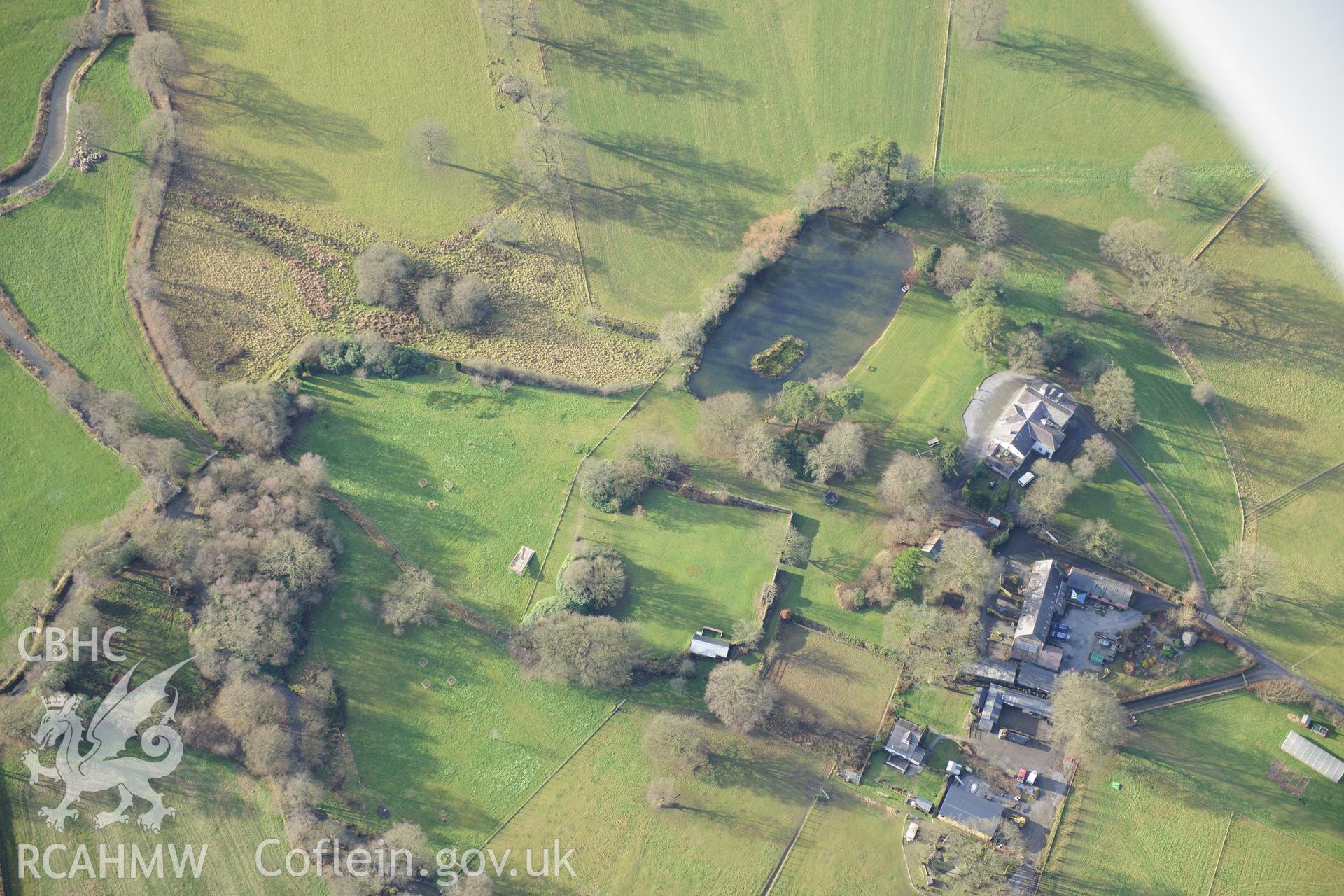 Glanyrannel Park Hotel and Garden. Oblique aerial photograph taken during the Royal Commission's programme of archaeological aerial reconnaissance by Toby Driver on 6th January 2015.