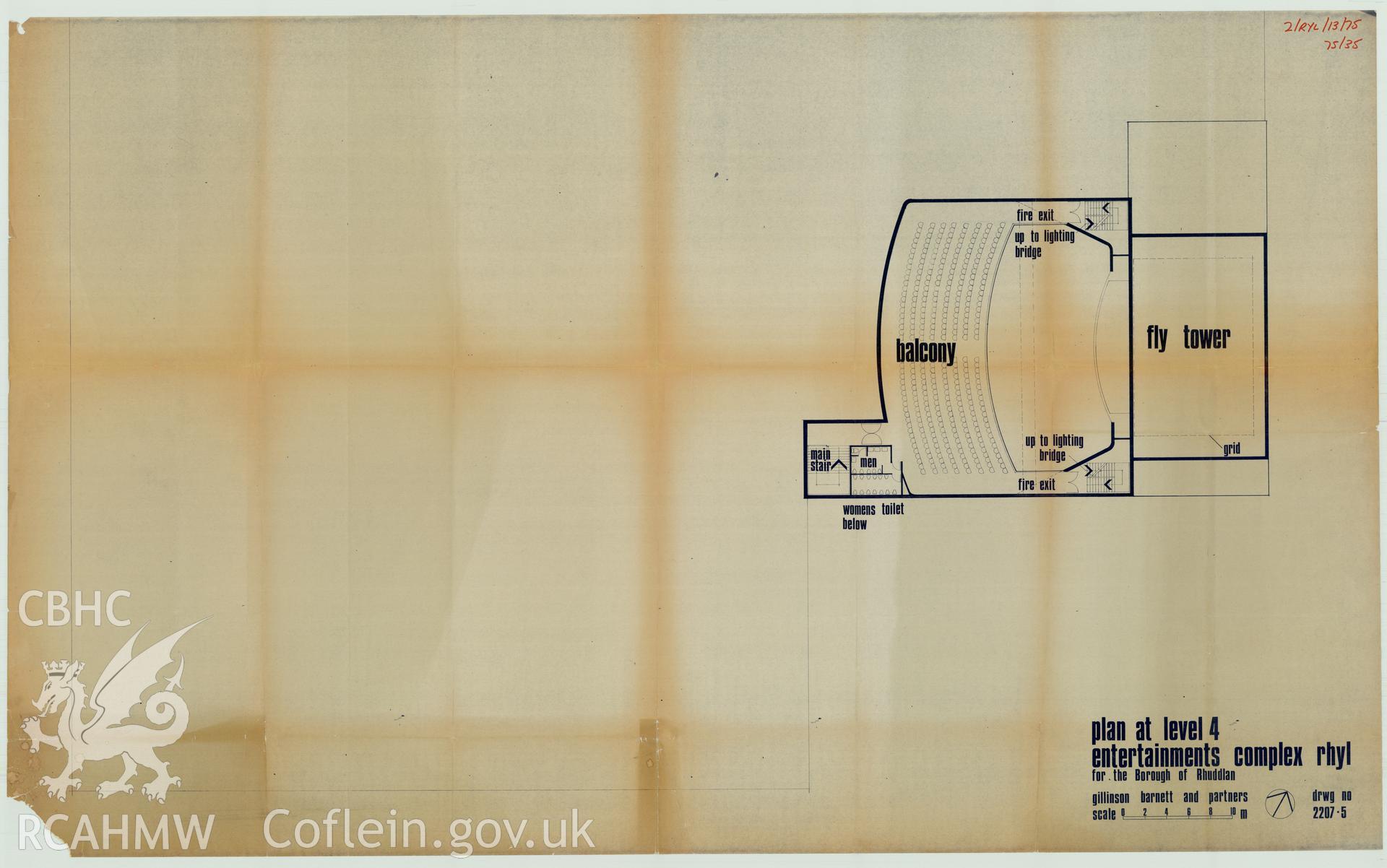 Digital copy of a measured drawing showing plans of level 4 of the Sun Centre, Rhyl, produced by Gillinson Barnett and Partners. Loaned for copying by Denbighshire County Council.