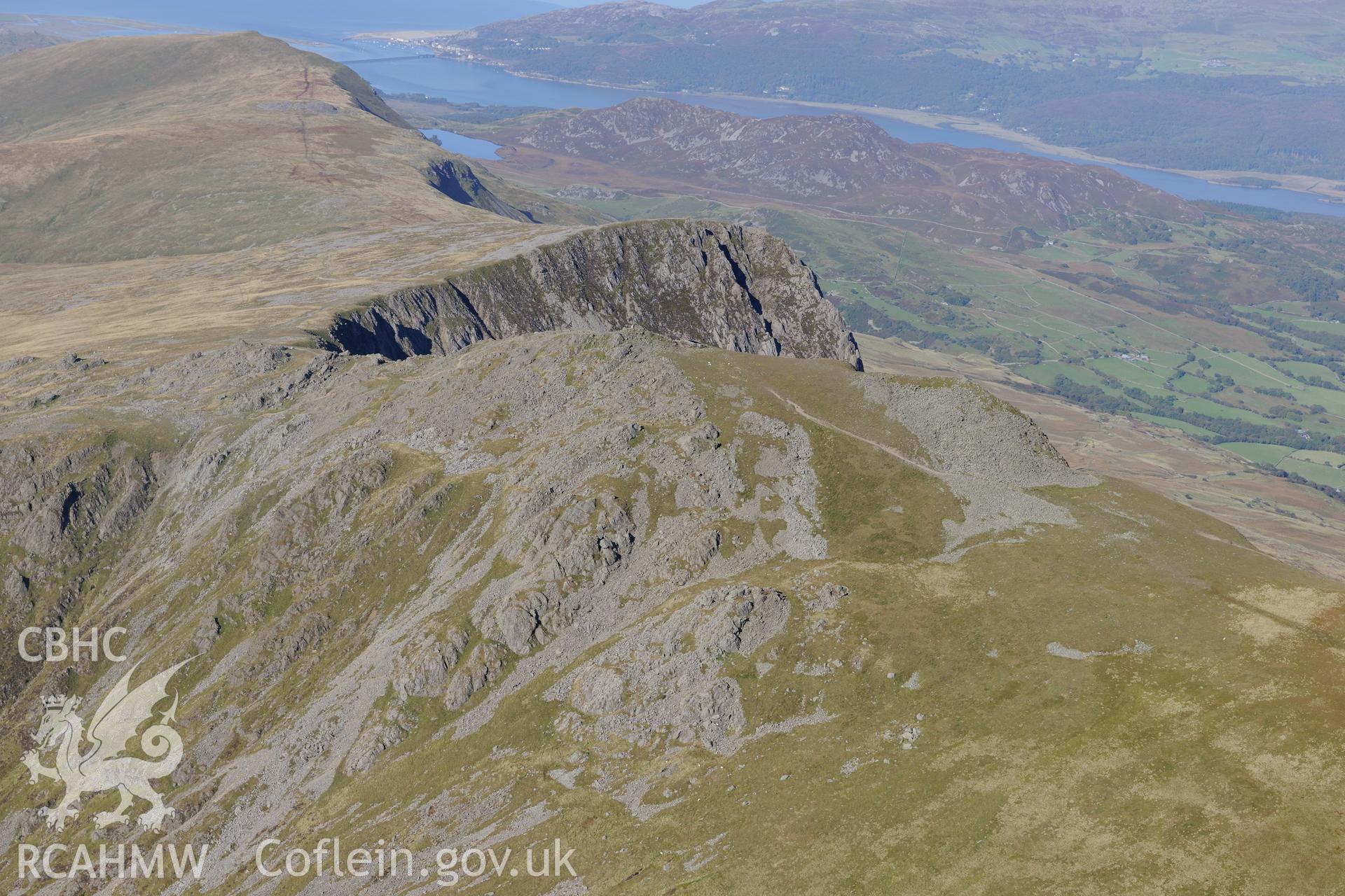 Penygadair - the summit of Cadair Idris. Oblique aerial photograph taken during the Royal Commission's programme of archaeological aerial reconnaissance by Toby Driver on 2nd October 2015.