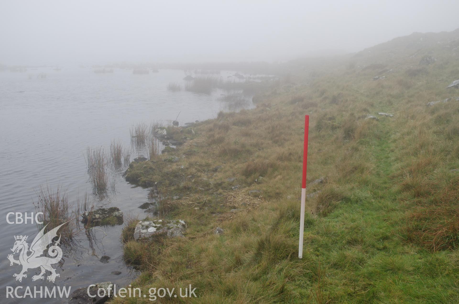 View from the north of Llyn Gelli-Gain reservoir bank, Trawsfynydd. Photographed as part of archaeological assessment conducted by Gwynedd Archaeological Trust on 16th October 2018. Project no. 2579.