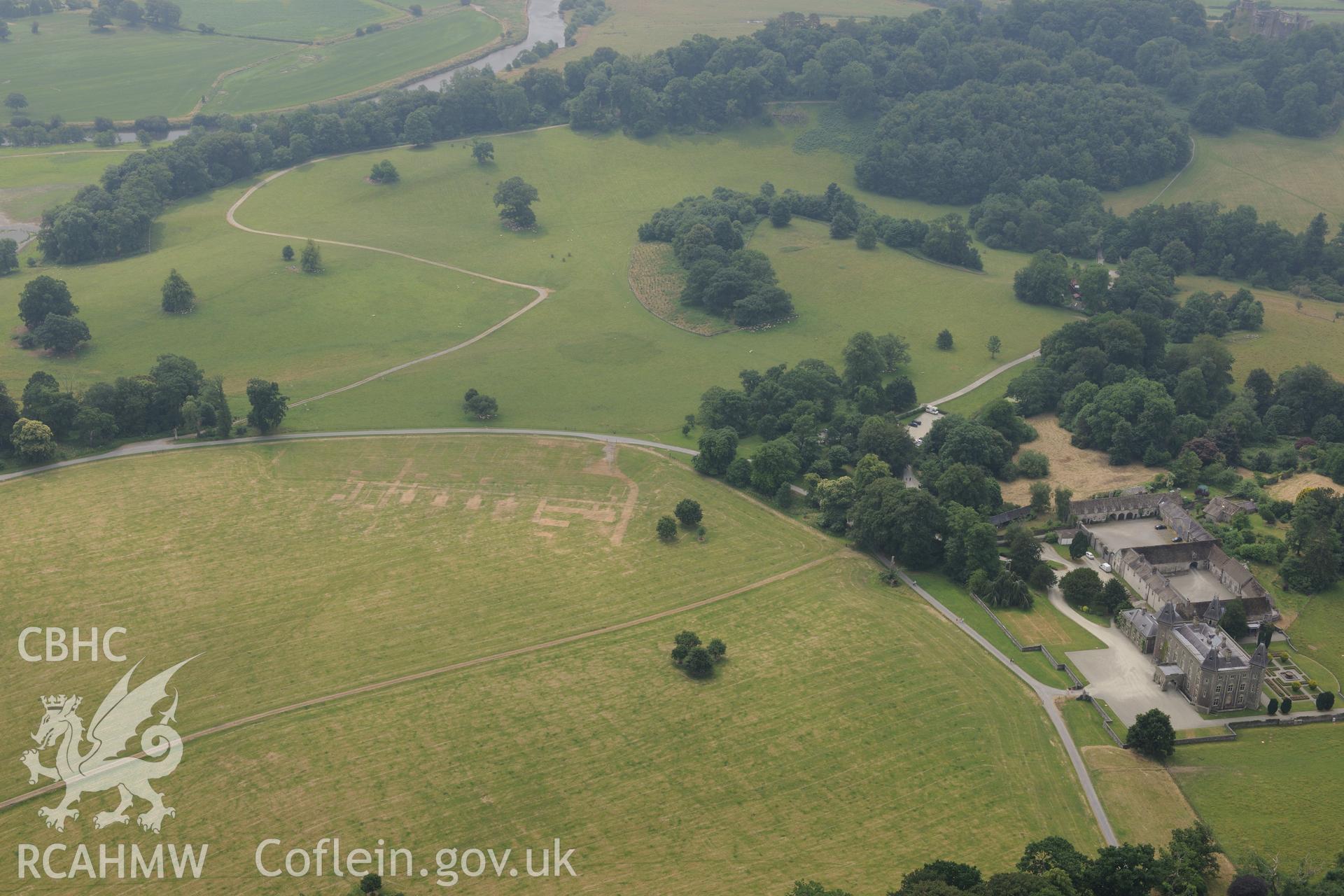 Royal Commission aerial photography of parchmarks in Dinefwr Park recorded during drought conditions on 22nd July 2013.