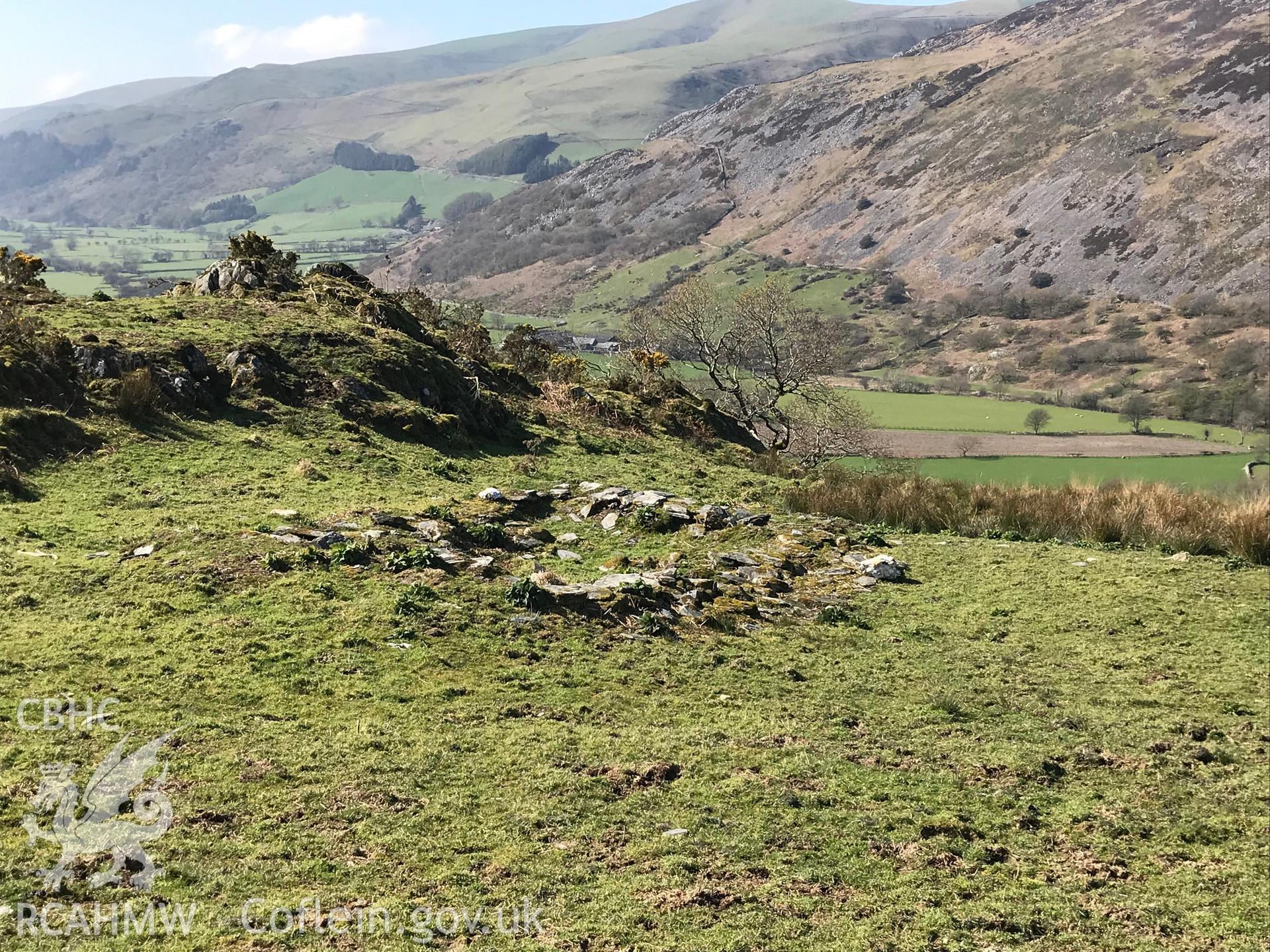 Colour photograph of the ruins of Eglwys Mihangel (St. Michael's church), Llanfihangel-y-Pennant, between Tywyn and Dolgellau, taken by Paul R. Davis on 28th March 2019.