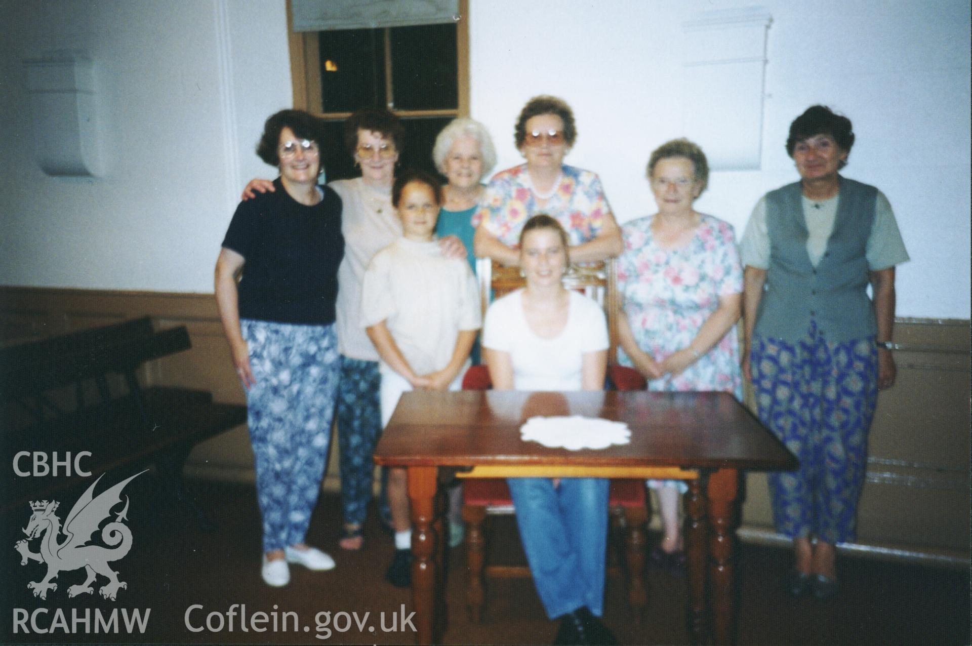 Colour photograph of the 'Wedding Team' tasked with cleaning the chapel before a wedding c. 1980s. At Peniel the wedding takes place in Sedd Fawr. Donated as part of the Digital Dissent Project.