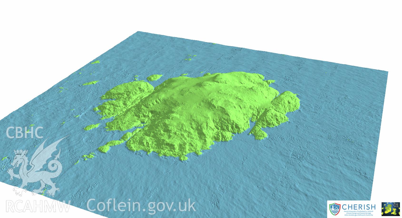 Ynys Gwales (Grassholm Island). Airborne laser scanning (LiDAR) commissioned by the CHERISH Project 2017-2021, flown by Bluesky International LTD at low tide on 24th February 2017. View showing Grassholm Island facing north-west.