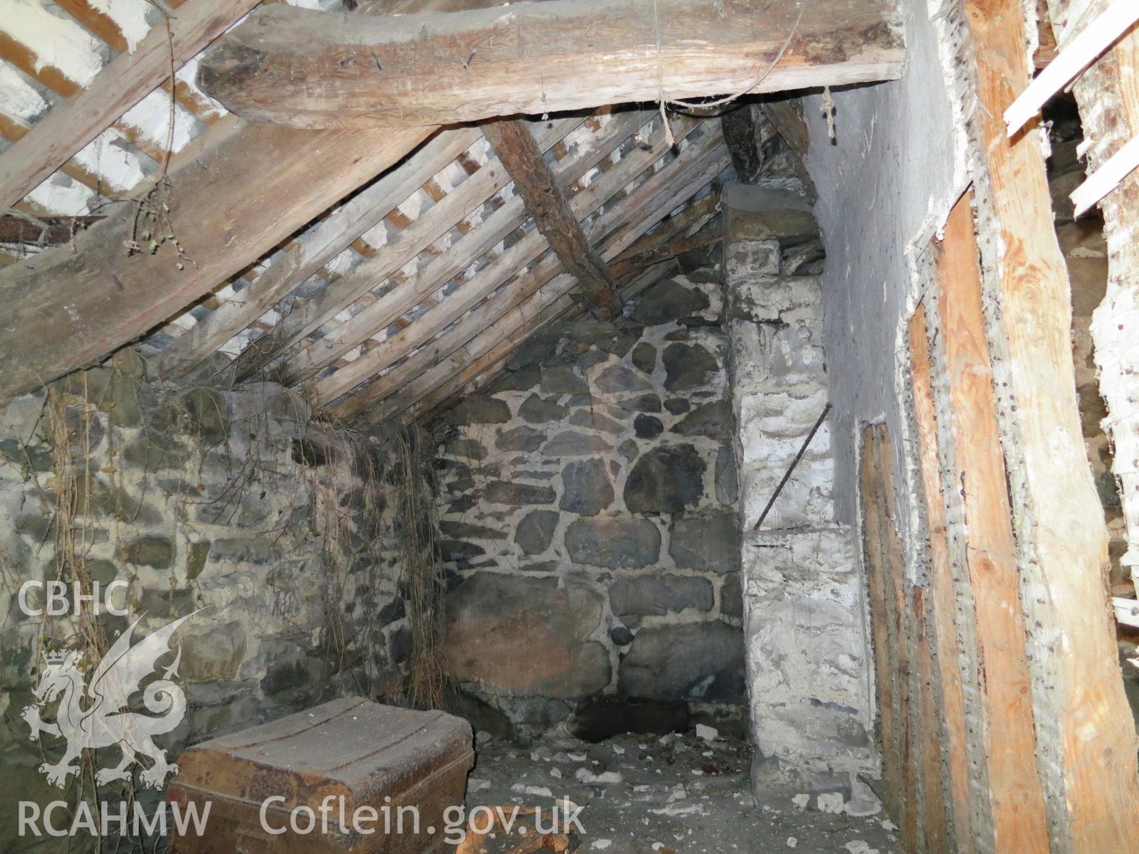 Interior first floor south elevation east rear section of the barn at Pencerrig Pellaf, Ffordd Uchaf, Harlech. Photographed by Kimberley Urch as part of photographic survey for planning application (NP5/61/LB446A, Snowdonia National Park Authority).