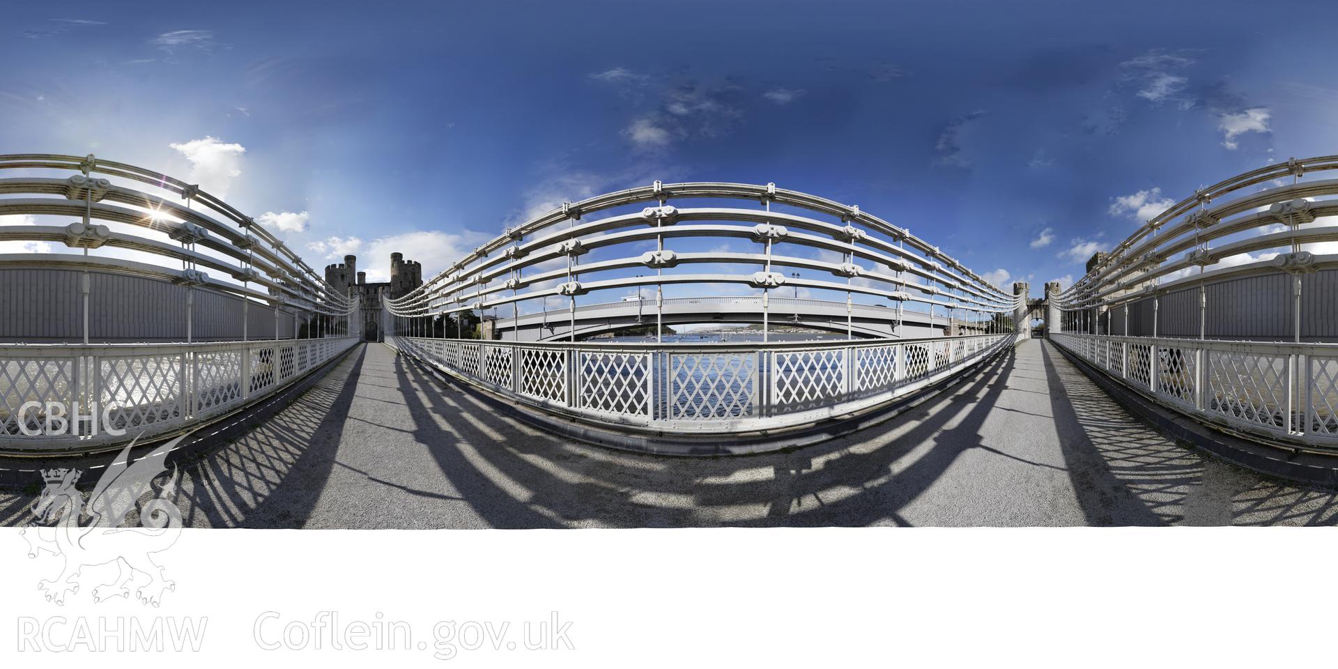 Reduced resolution .tif file of stitched images taken from the middle of Conwy Suspension Bridge, produced by Sue Fielding.
