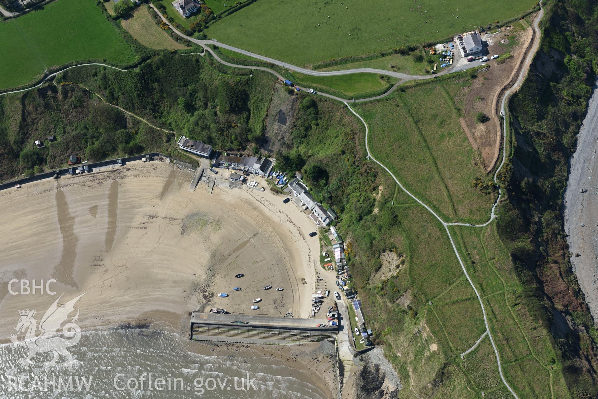 Aerial photography of Penrhyn Nefyn harbour taken on 3rd May 2017.  Baseline aerial reconnaissance survey for the CHERISH Project. ? Crown: CHERISH PROJECT 2017. Produced with EU funds through the Ireland Wales Co-operation Programme 2014-2020. All material made freely available through the Open Government Licence.