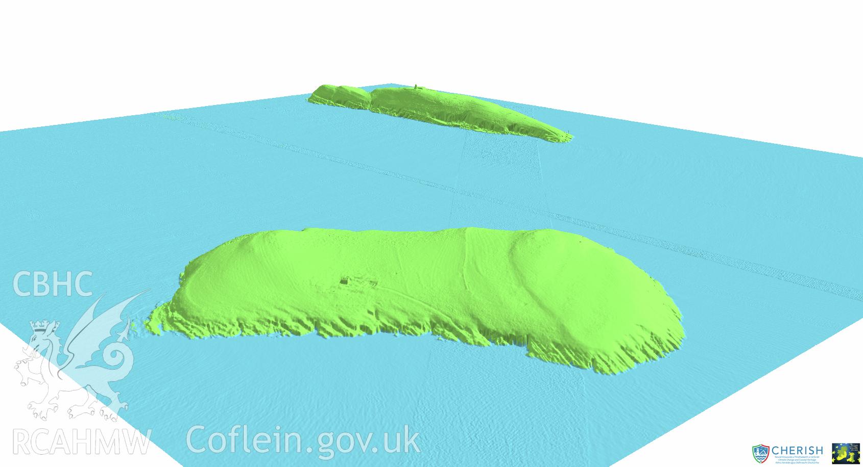 Ynysoedd Tudwal (St. Tudwal?s Islands). Airborne laser scanning (LiDAR) commissioned by the CHERISH Project 2017-2021, flown by Bluesky International LTD at low tide on 24th February 2017. View showing both islands