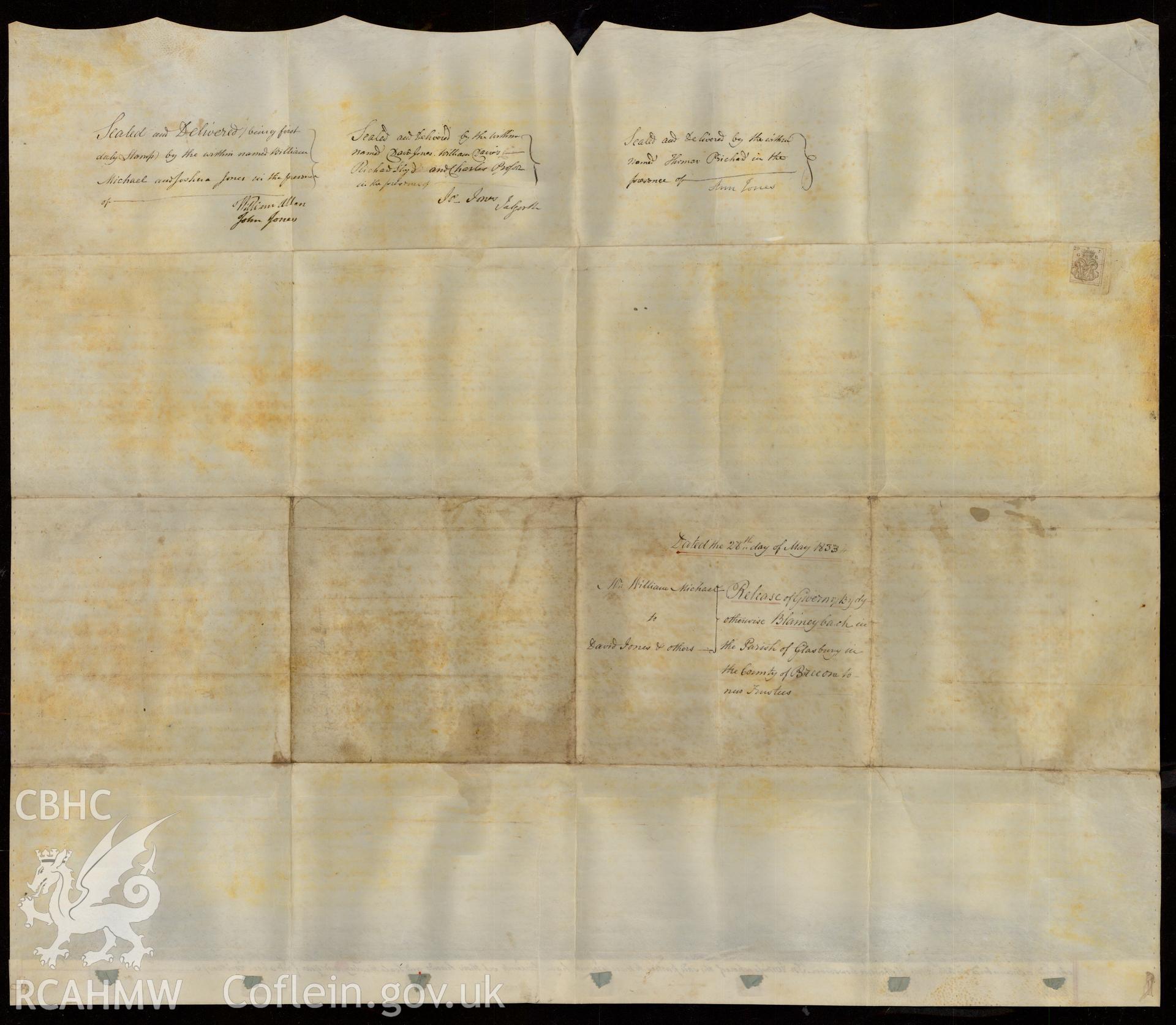 Indenture scrolls of Maes-yr-onen Chapel, loaned for copying by the United Reform Church. Scroll dated 28 May 1833. Reverse view of scroll.