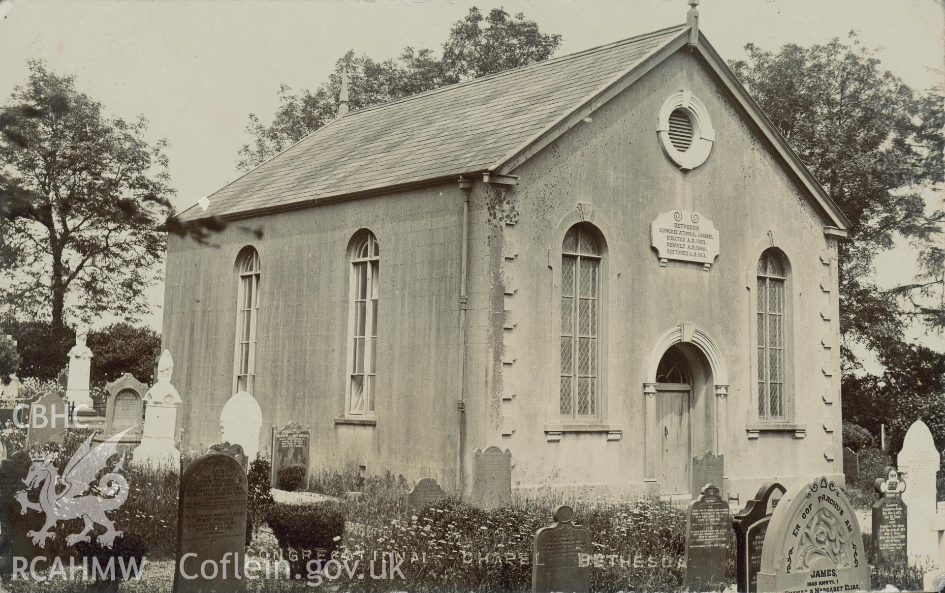 Digital copy of monochrome postcard showing exterior view of Bethesda Welsh Independent (or Congregational) chapel, Llawhaden. Loaned for copying by Thomas Lloyd.