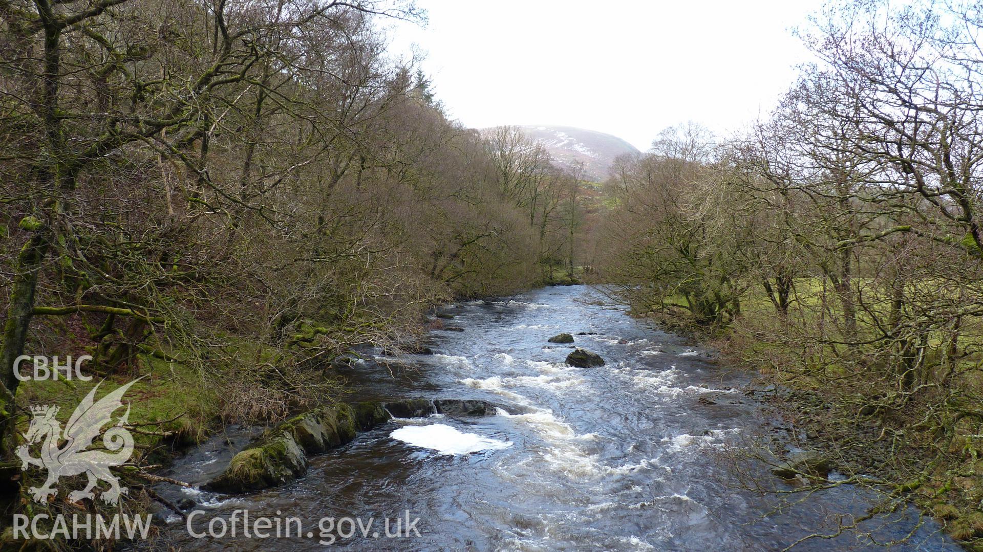 View upstream of River Claerwen from Bridge crossing at SN90076156. Looking west south west. Photographed for Archaeological Desk Based Assessment of Afon Claerwen, Elan Valley, Rhayader. Assessment by Archaeology Wales in 2017-18. Project no. 2573.