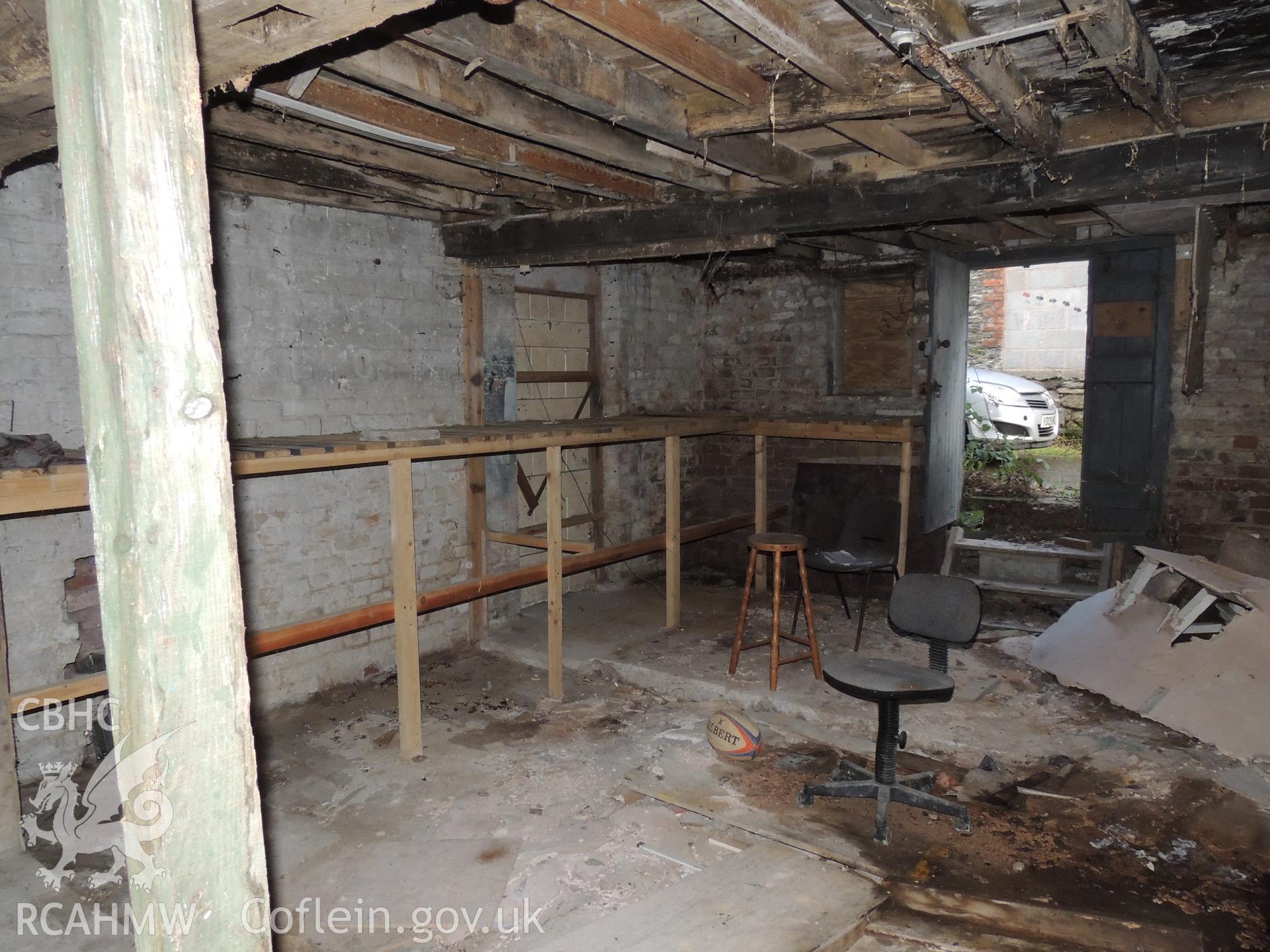 View of old mill area, first floor, looking north north west. Photographed as part of archaeological building survey of The Old Sawmill, Llanidloes, Powys, conducted by Archaeology Wales, 2018. Project no. 2583. Report no. 1645.