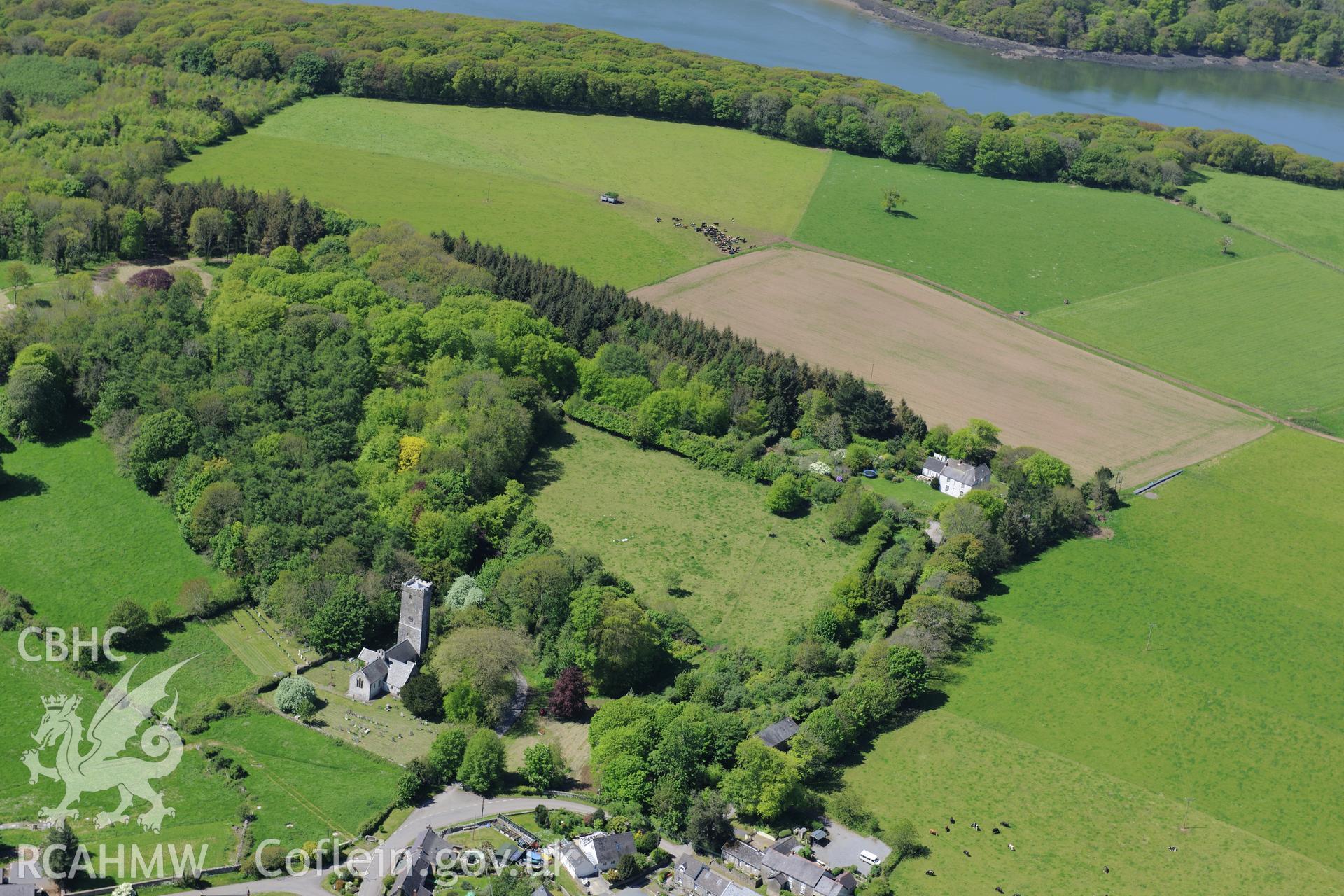 St. Cadog's Church, Lawrenny. Oblique aerial photograph taken during the Royal Commission's programme of archaeological aerial reconnaissance by Toby Driver on 13th May 2015.