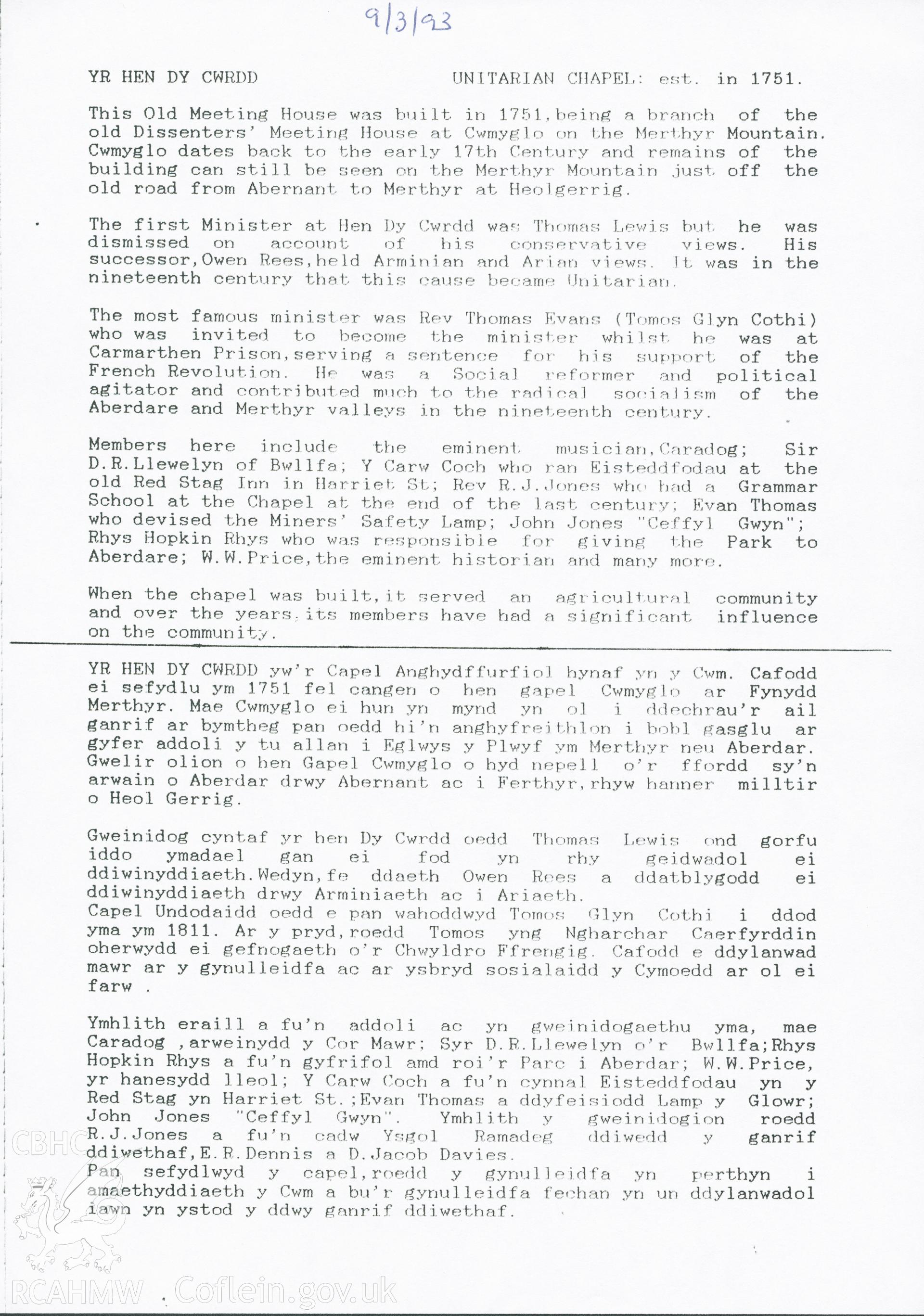 Bilingual typed document relating a brief history of Yr Hen Dy Cwrdd. Donated to the RCAHMW during the Digital Dissent Project.