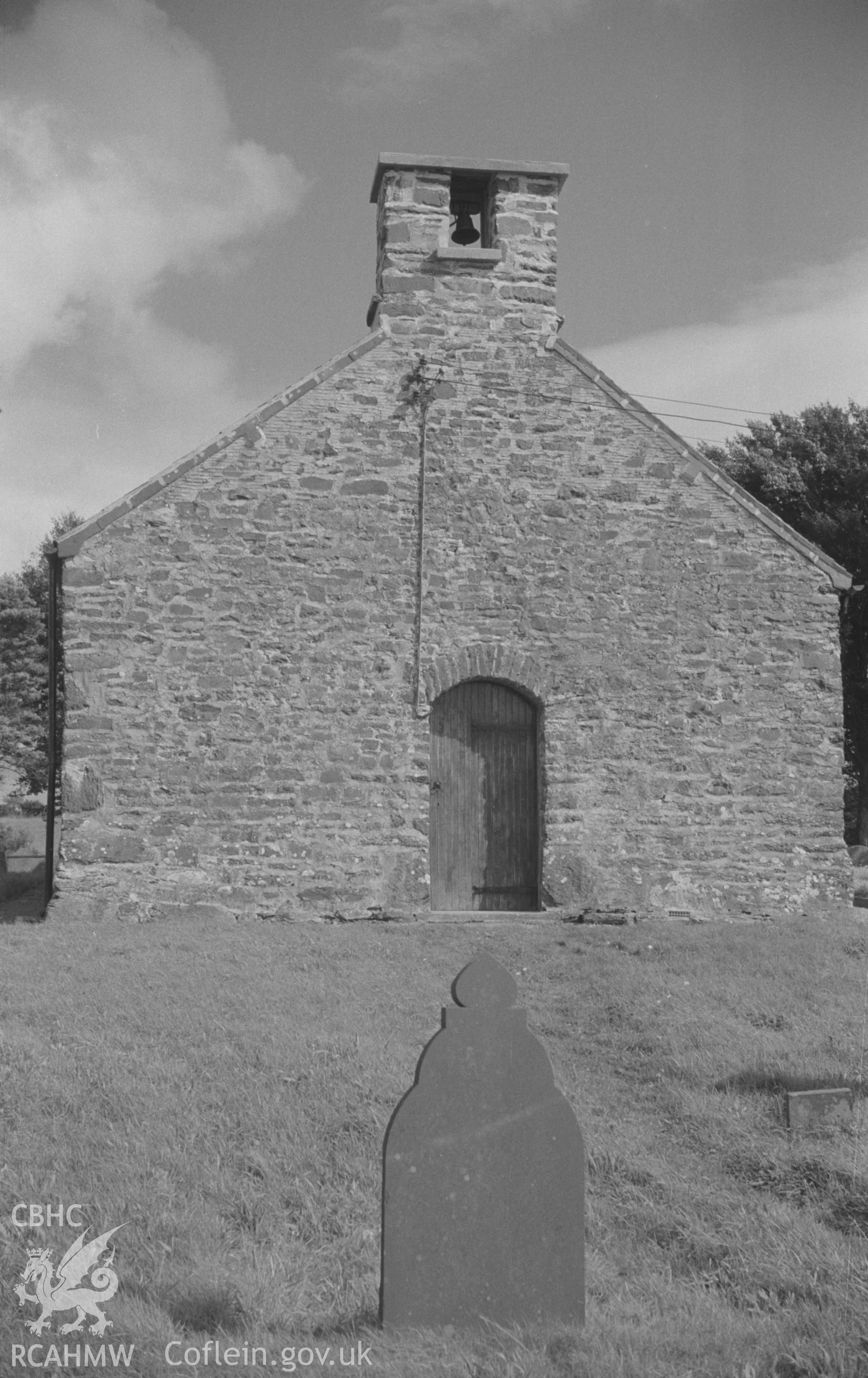 Digital copy of a black and white negative showing east front of St. Padarn's Church, Llanbadarn Odwyn, Llangeitho. Bell thought to date from c.1800. Photographed by Arthur O. Chater on 2nd September 1967 looking east from Grid Reference SN 634 605.