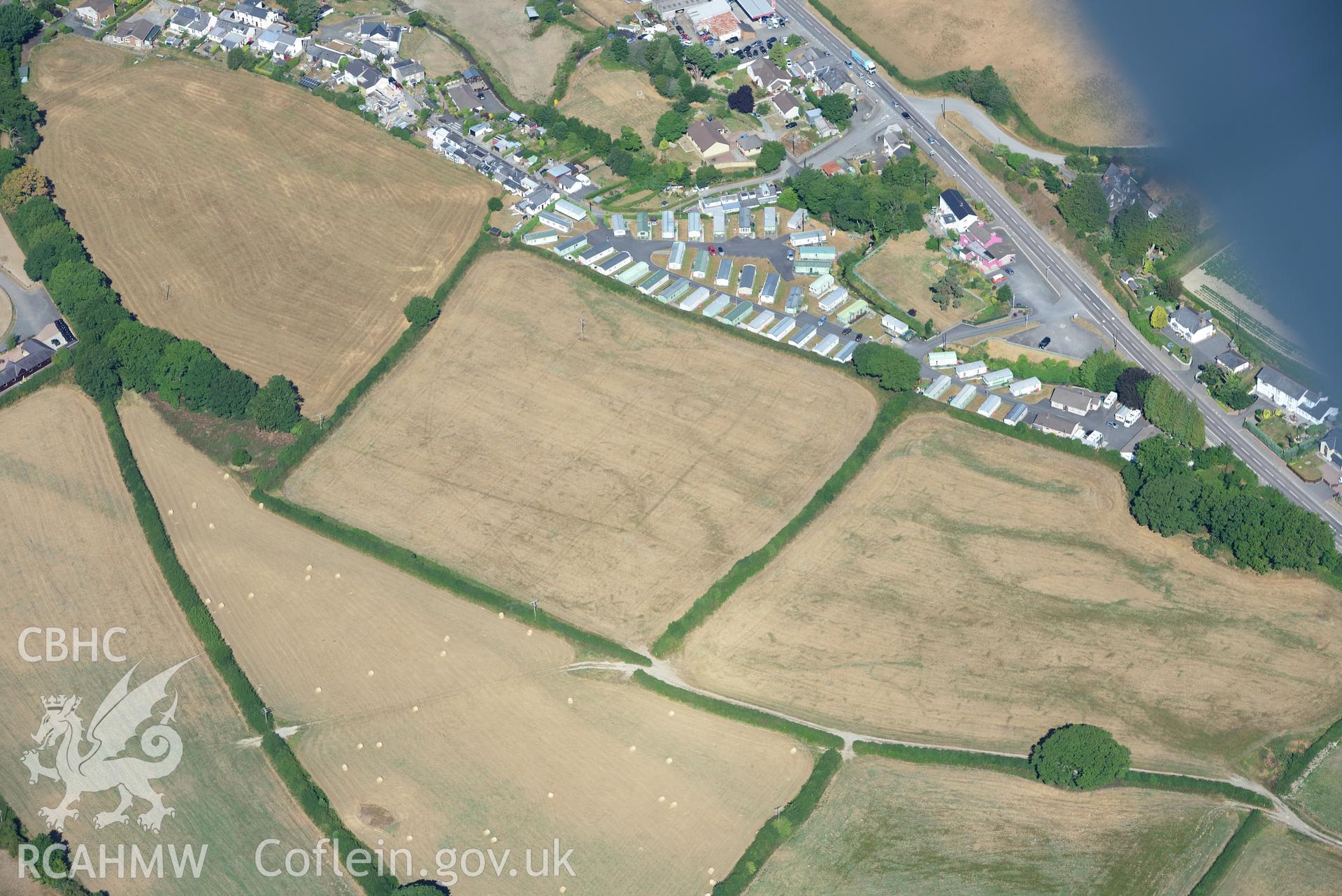 Royal Commission aerial photography of Dolypandy barrow cropmark taken on 19th July 2018 during the 2018 drought.