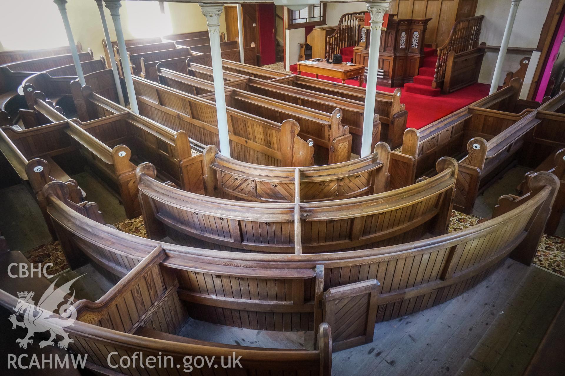 Digital colour photograph showing interior view of the ground floor, seen from rear of Pentower Chapel, Fishguard, dated 2019. Photographed by Grace Elliott to meet a condition attached to a planning application.