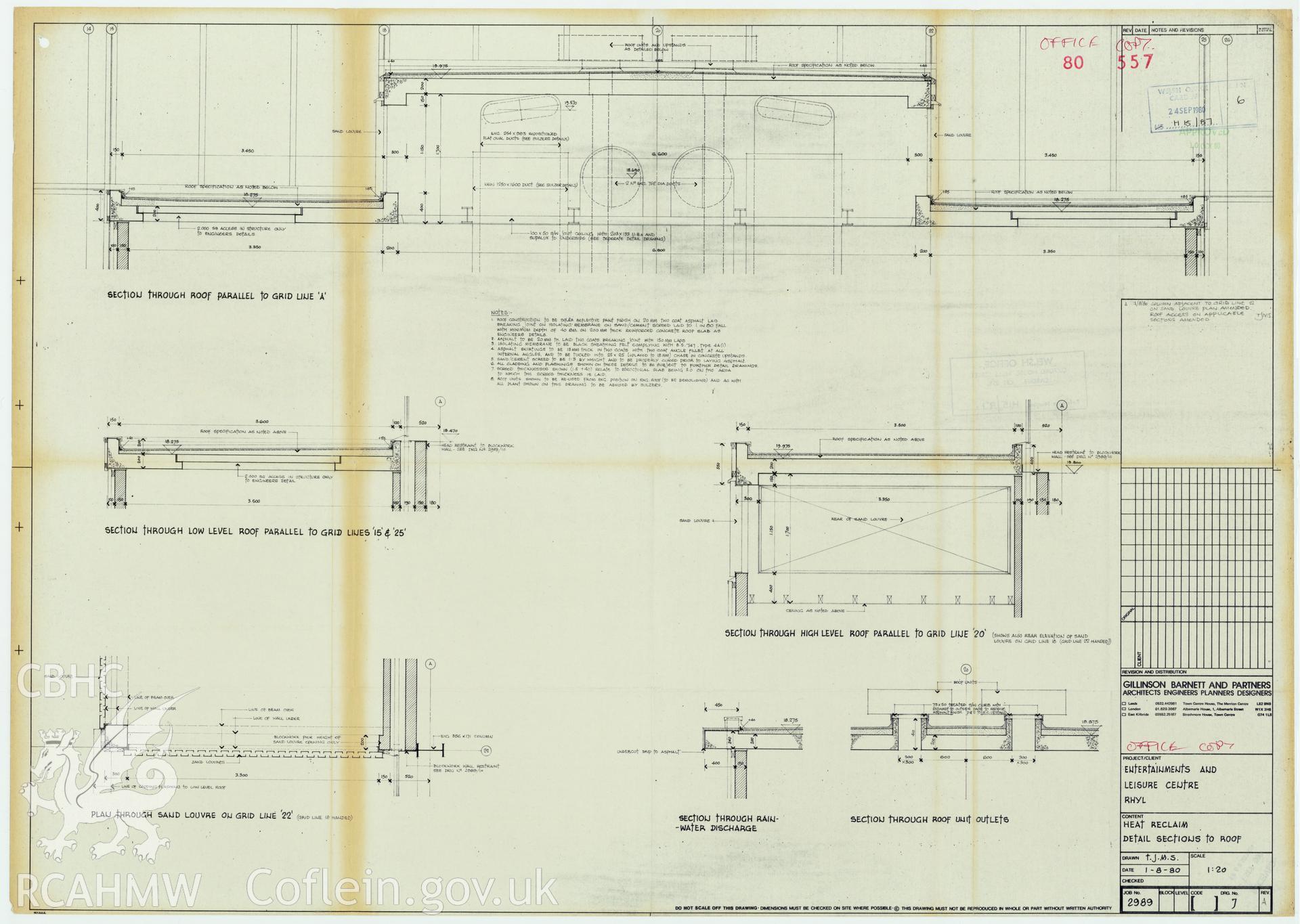 Digital copy of a measured drawing showing heat reclamation details sections to the roof of the entertainment complex at Rhyl Sun Centre and Theatre, produced by Gillinson Barnett & Partners  1980. Loaned for copying by Denbighshire County Council.