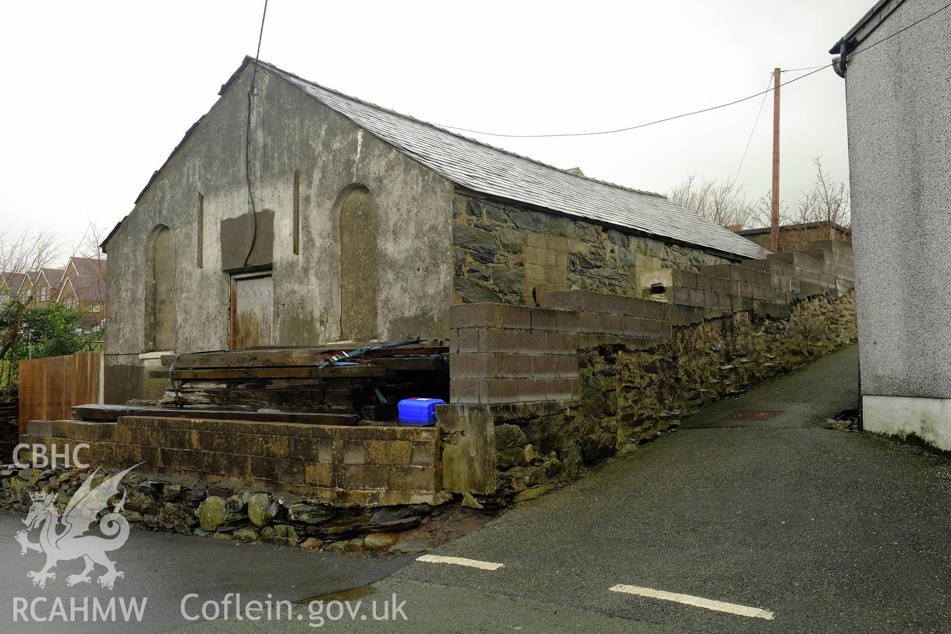 Colour photograph showing view looking north west at Pantdreinog Sunday School, Bethesda, produced by Richard Hayman 31st January 2017