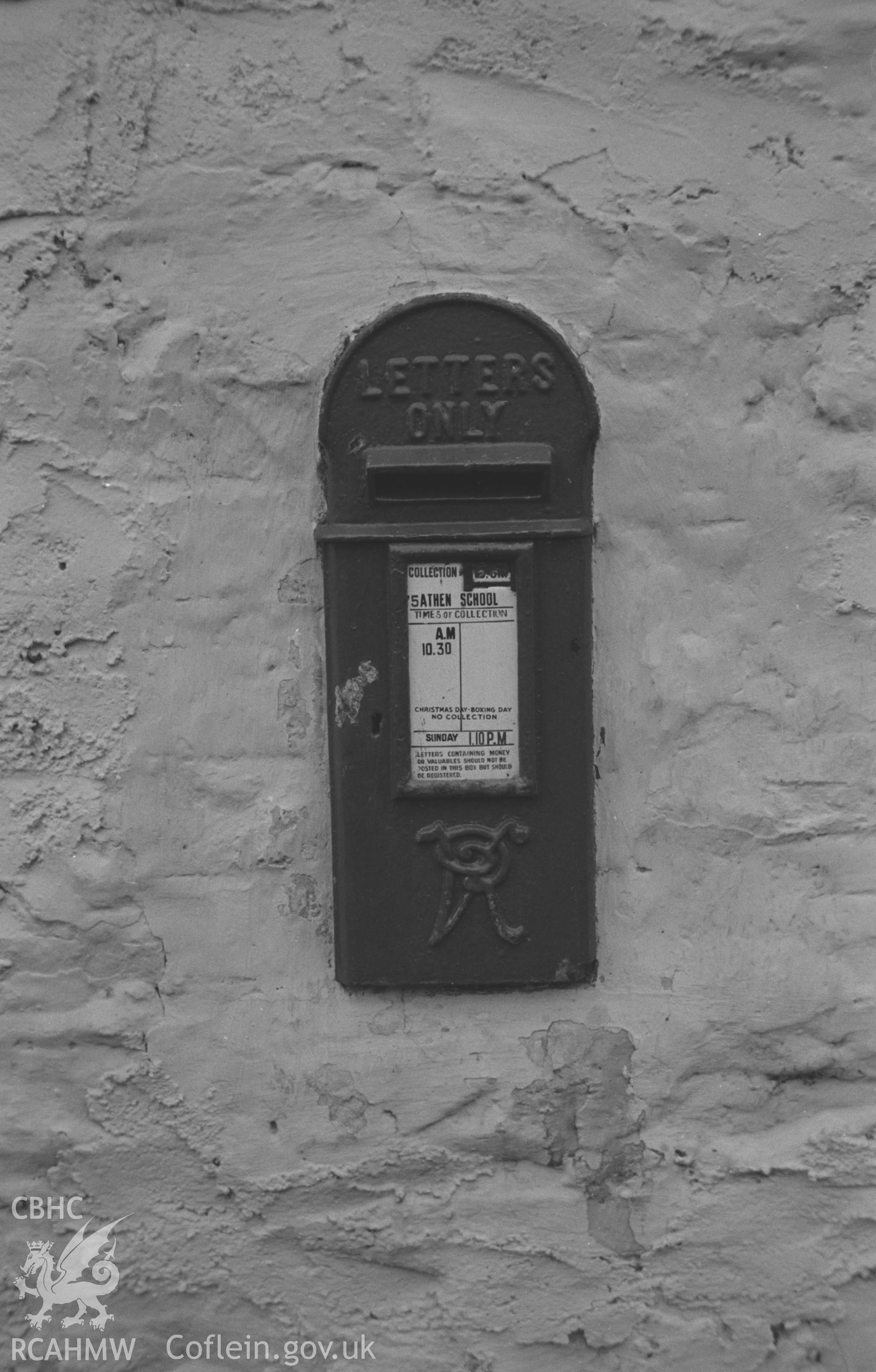 Digital copy of a black and white negative showing wall letterbox on Athen School, Gartheli, north of Lampeter. Photographed by Arthur O. Chater on 20th January 1968, from Grid Reference SN 584 565.