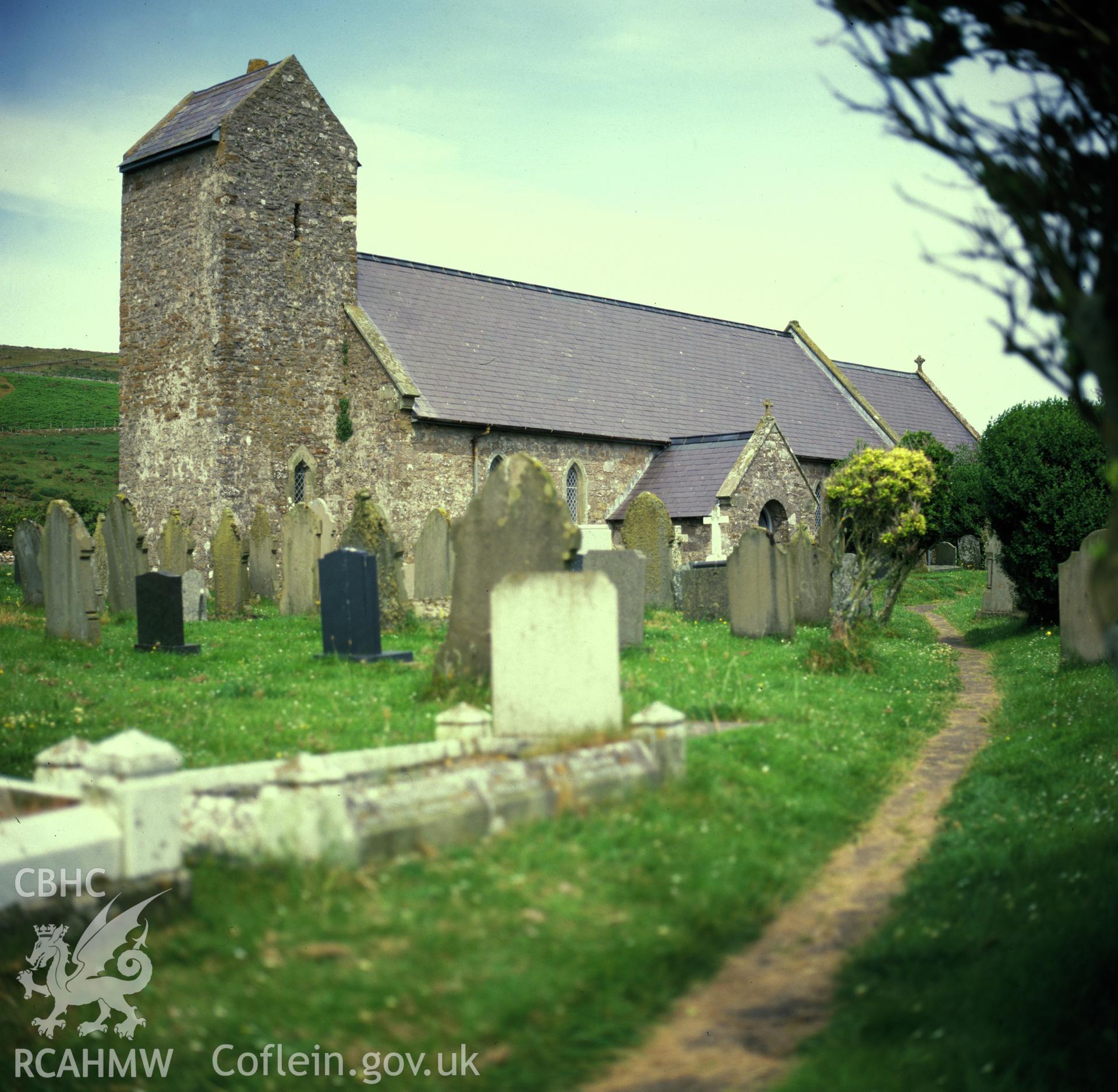 Digital copy of a colour negative showing a view of St Mary's Church, Rhossili.
