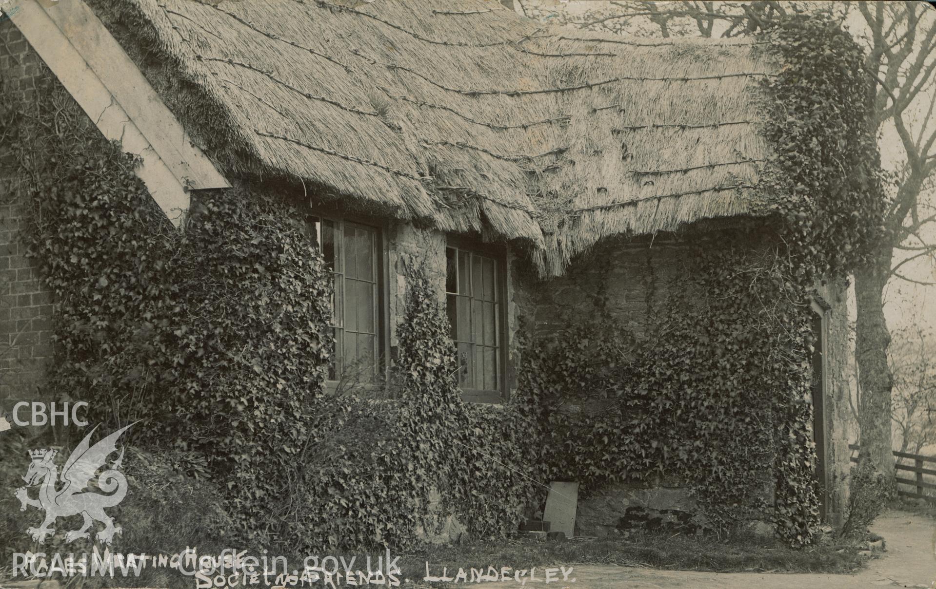 Digital copy of monochrome postcard showing exterior view of The Pales Friends' Meeting House, Llandegley, Penybont. Loaned for copying by Thomas Lloyd.