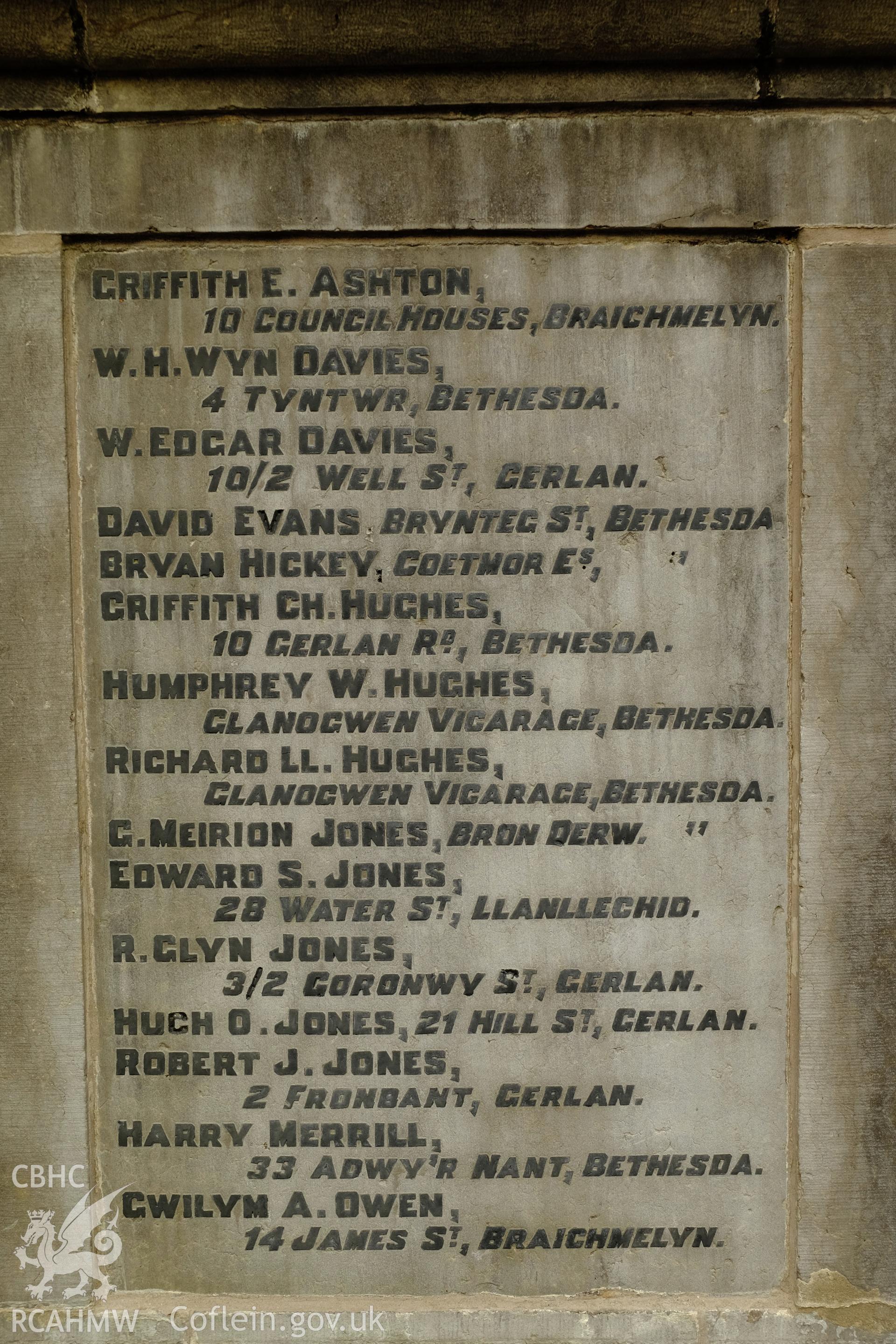 Colour photograph showing detail of Bethesda War Memorial's inscription, produced by Richard Hayman 7th March 2017