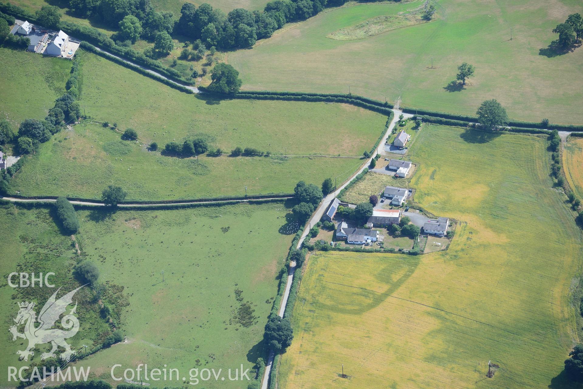 Royal Commission aerial photography of Plas Adda defended enclosure cropmarks taken on 19th July 2018 during the 2018 drought.