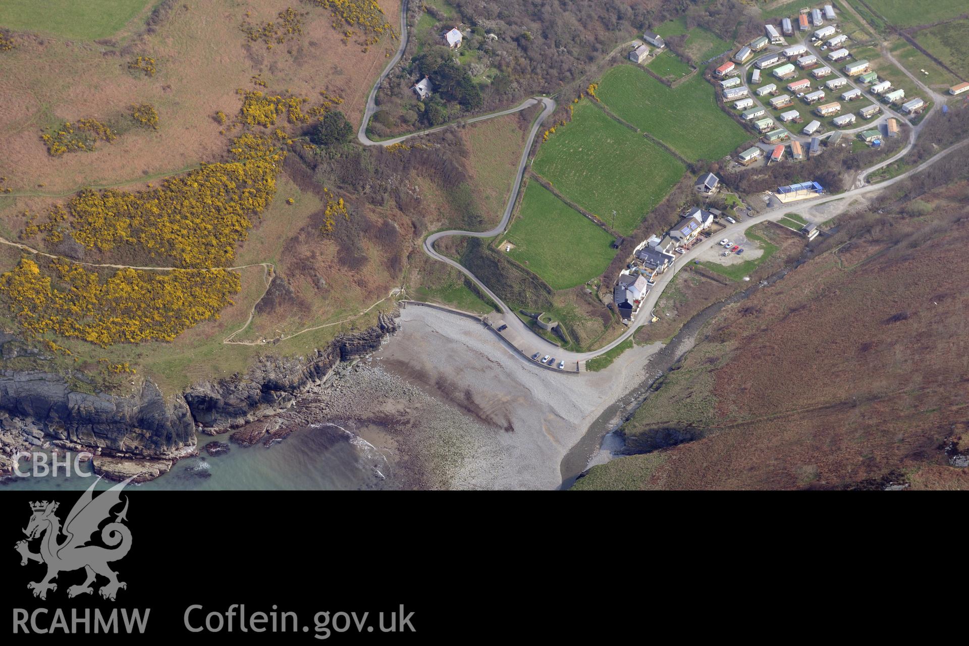 Royal Commission aerial photograph of the limekiln at Cwmtydu taken on 27th March 2017. Baseline aerial reconnaissance survey for the CHERISH Project. ? Crown: CHERISH PROJECT 2017. Produced with EU funds through the Ireland Wales Co-operation Programme 2014-2020. All material made freely available through the Open Government Licence.