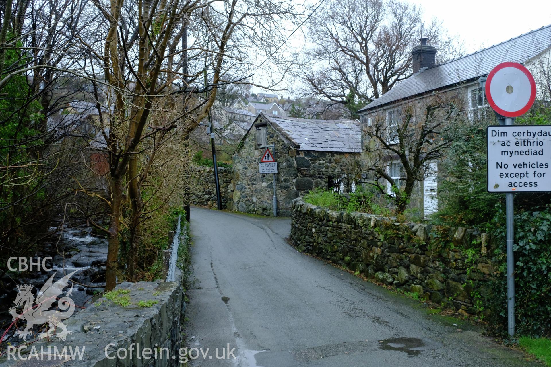 Colour photograph showing view looking north east at Pant-Ffrydlas Farm (near Abercaseg), Pant Road, Bethesda, produced by Richard Hayman 16th March 2017